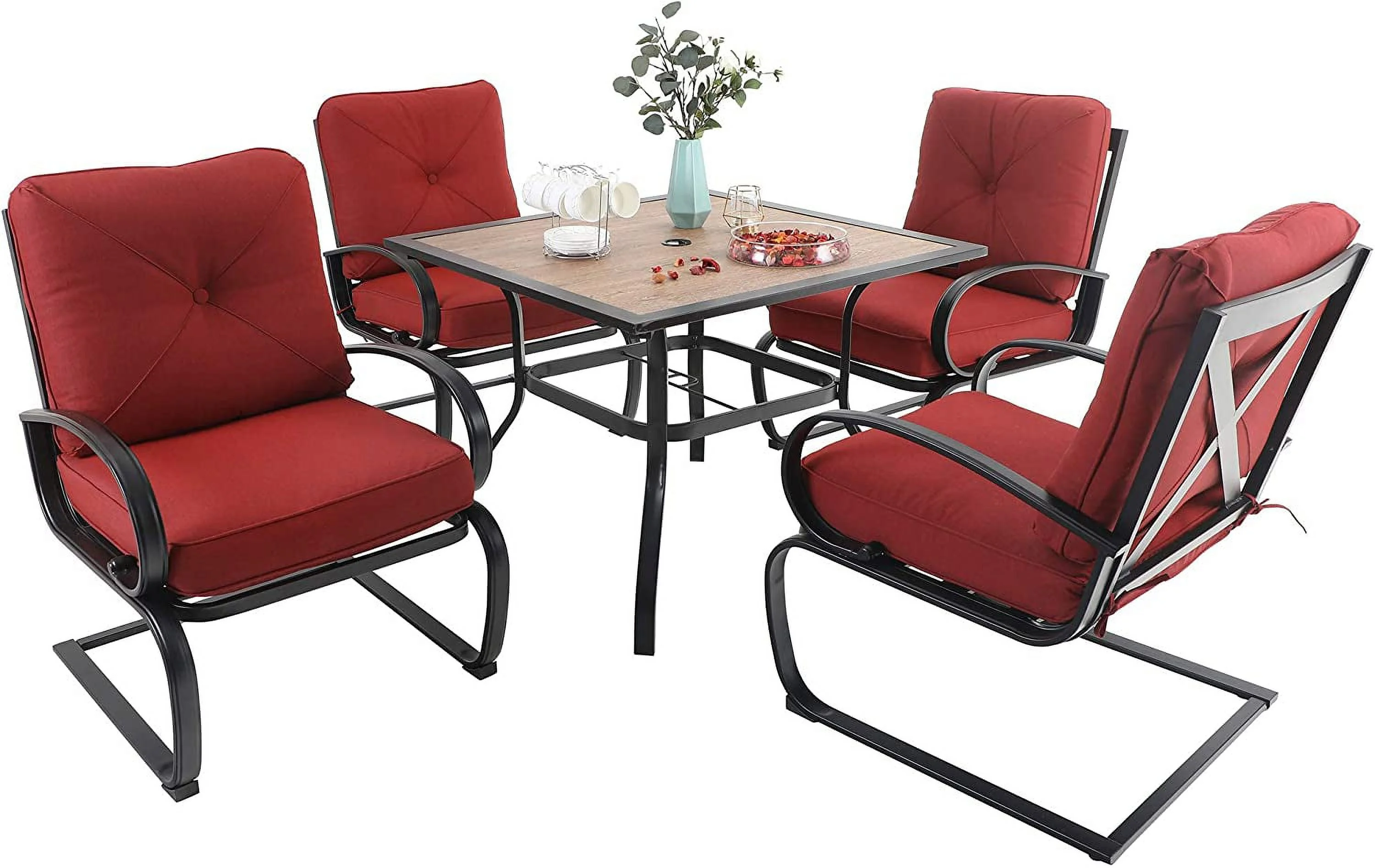 7 Piece Outdoor Patio Dining Set 6 Spring Motion Cushion Chairs  1 Rectangular Table with 1.57" Umbrella Hole Furniture Sets for Lawn Backyard Garden  Red