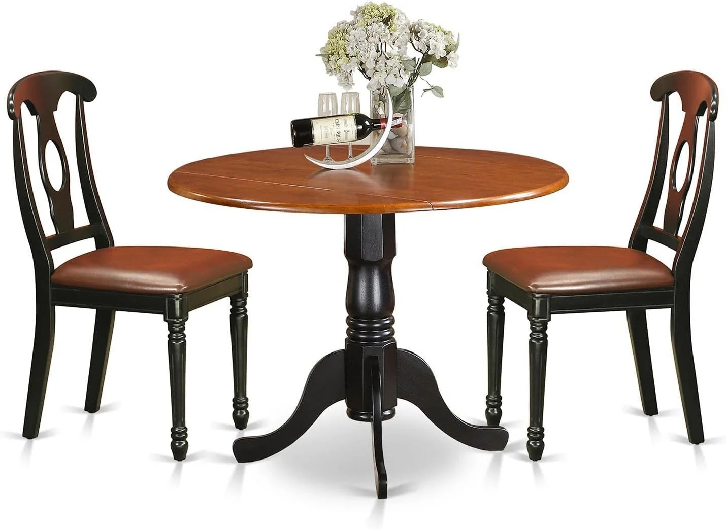 Dublin 3 Piece Modern Set Contains A Round Wooden Table With Dropleaf And 2 Faux Leather Kitchen Dining Chairs, 42X42 Inch, Black & Cherry