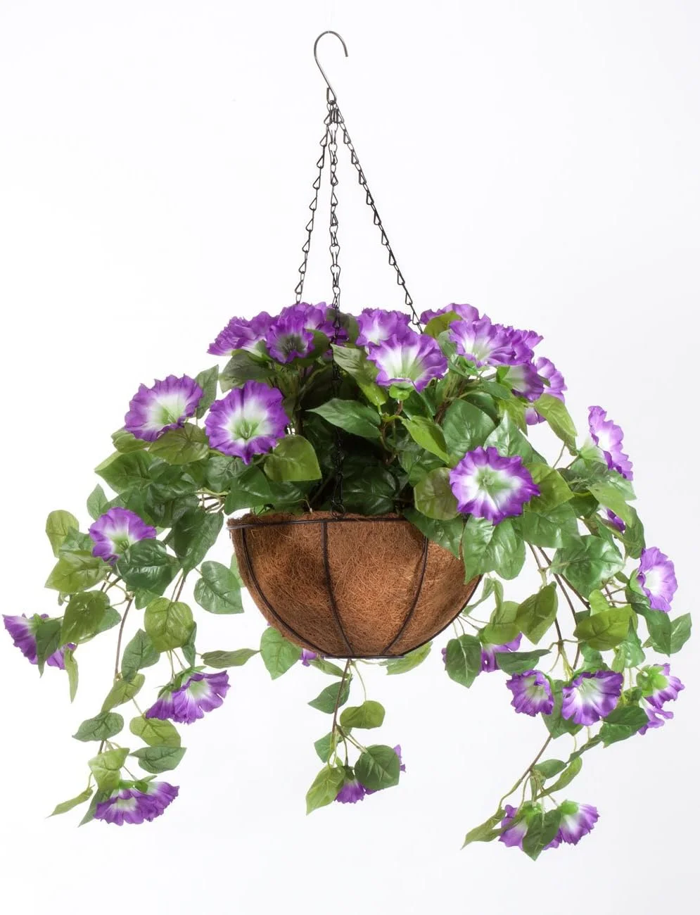miles kimball fully assembled artificial petunia flower hanging basket, 10” diameter and 18” chain – polyester/plastic flowers in metal and fiber liner basket for indoor/outdoor use