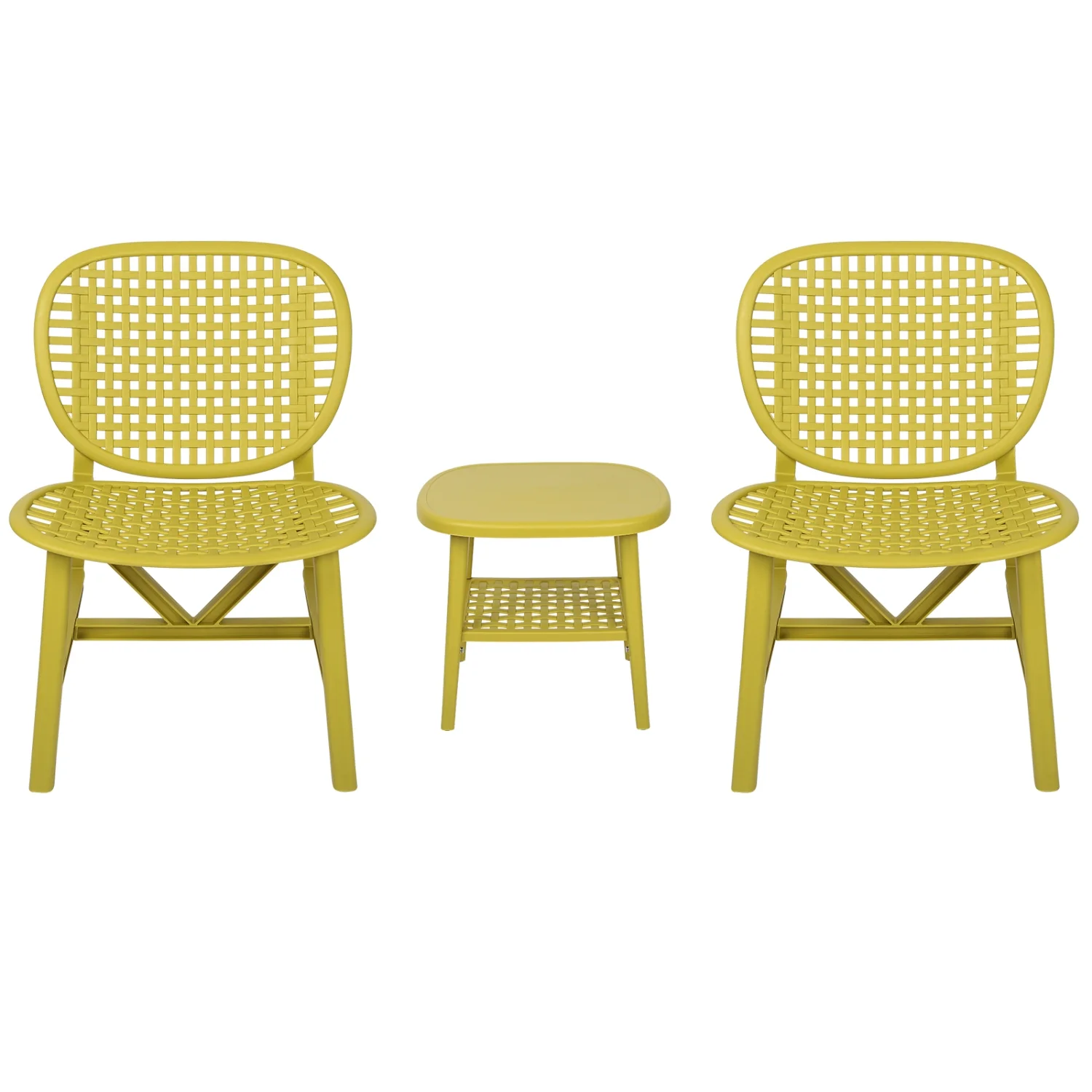 Yellow 3 Pieces All Weather Conversation Bistro Set with Hollow Design Patio Table Chair Set - Outdoor Coffee Table and Lounge Chairs with Widened Seat for Balcony Garden Yard.