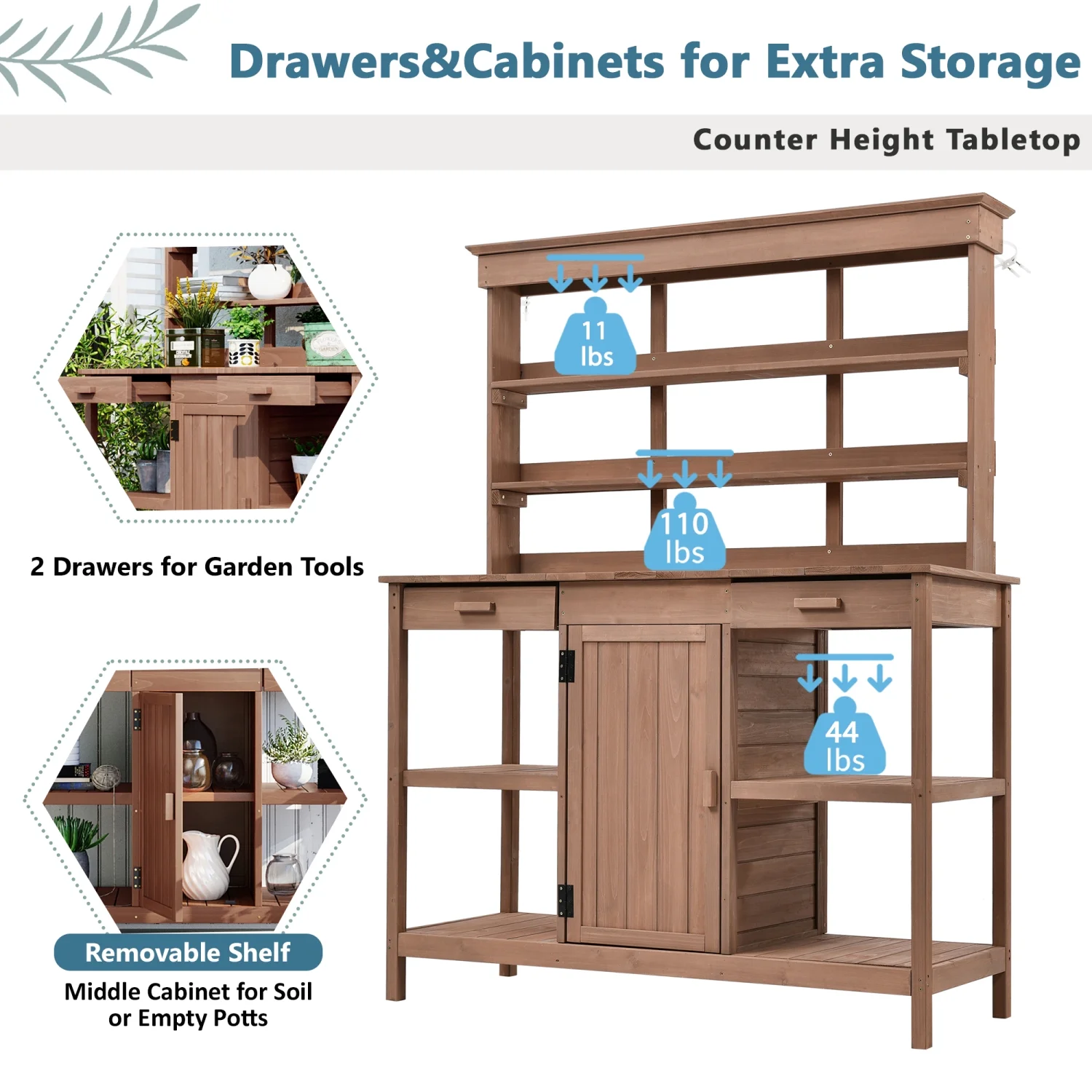 Beautiful  Rustic Large TOPMAX Wooden Potting Bench Table in Brown with Spacious Cabinet  66” Garden Workstation Including 2 Drawers and Open Shelves - Perfect Outdoor Farmhouse Addition