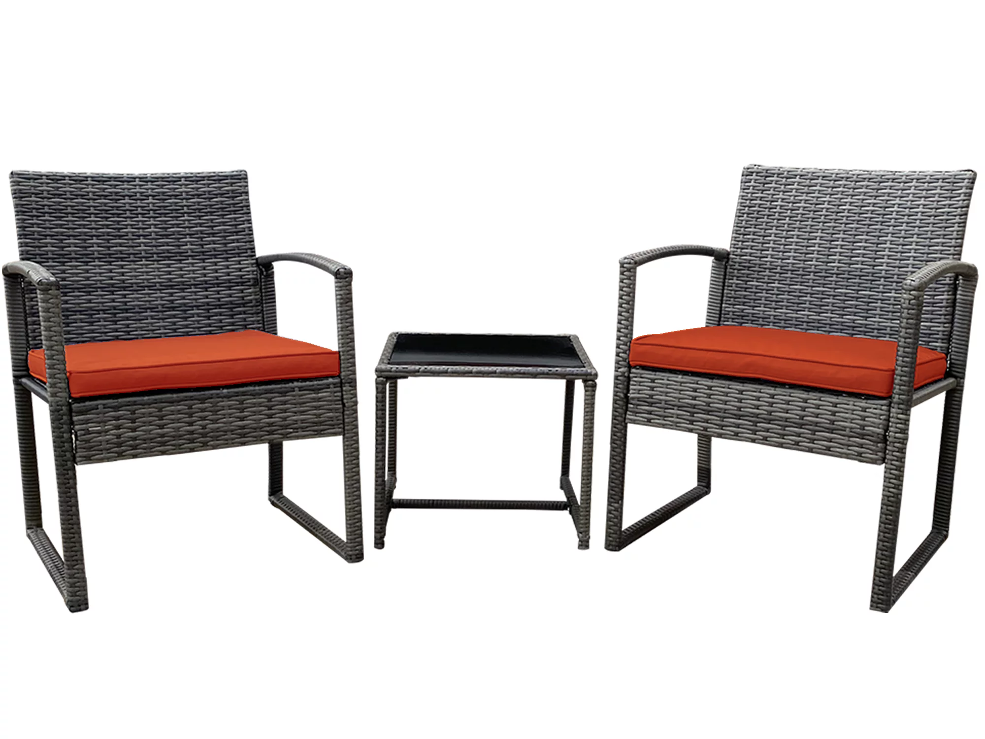Aura 3-Piece Porch Sturdy Rattan Furniture Set -2 Soft Cushion Metal Chairs With a Glass Coffee Table - Orange