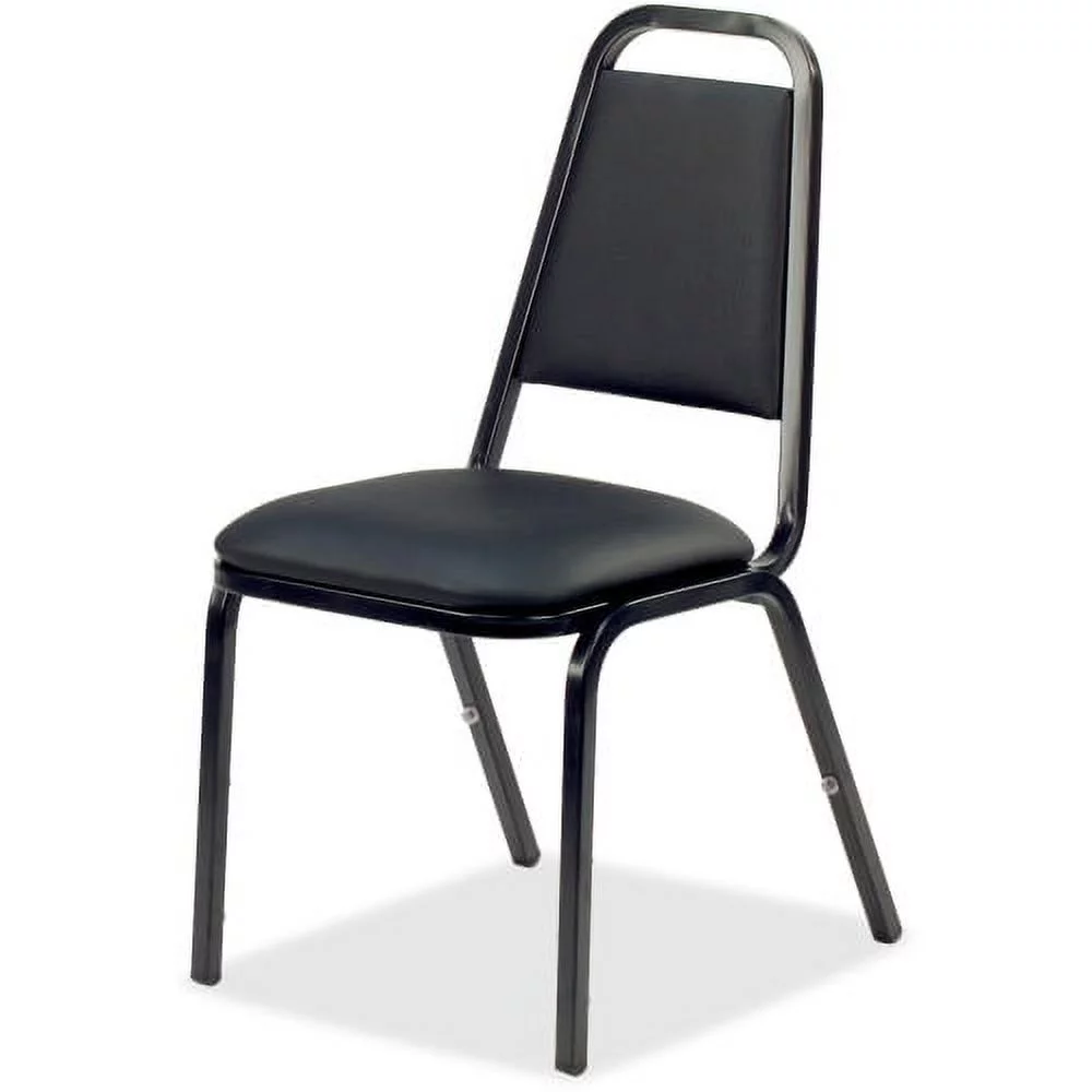 Lorell Upholstered Stacking Chairs - 4/CT Black Vinyl Seat - Black Steel Frame - Charcoal Black - Vinyl, Steel - 18