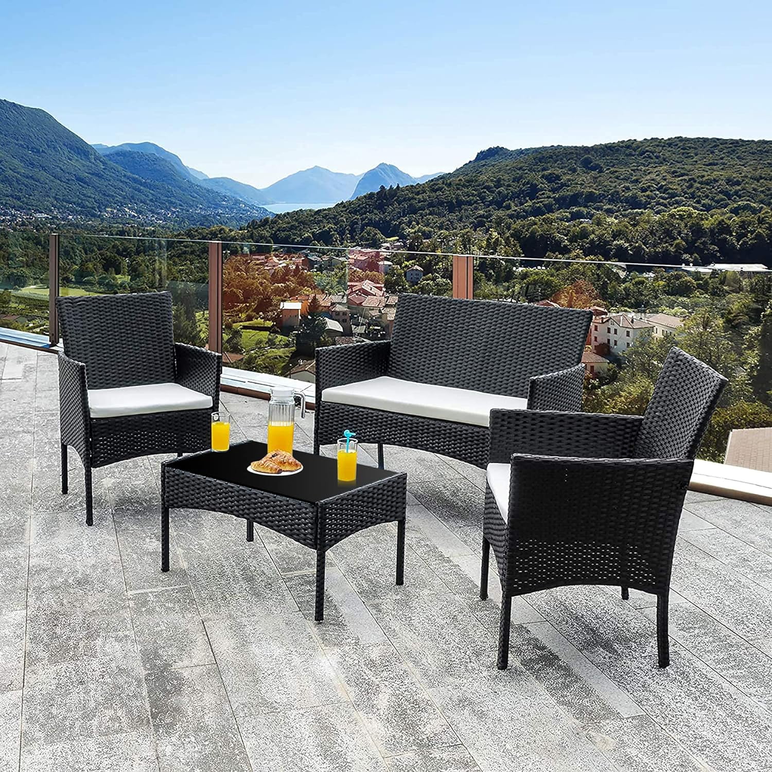 Dina 4 Pieces Outdoor Patio Furniture Sets Rattan Chair Wicker Set Outdoor Indoor Use Backyard Porch Garden Poolside Balcony Furniture（Light Black）