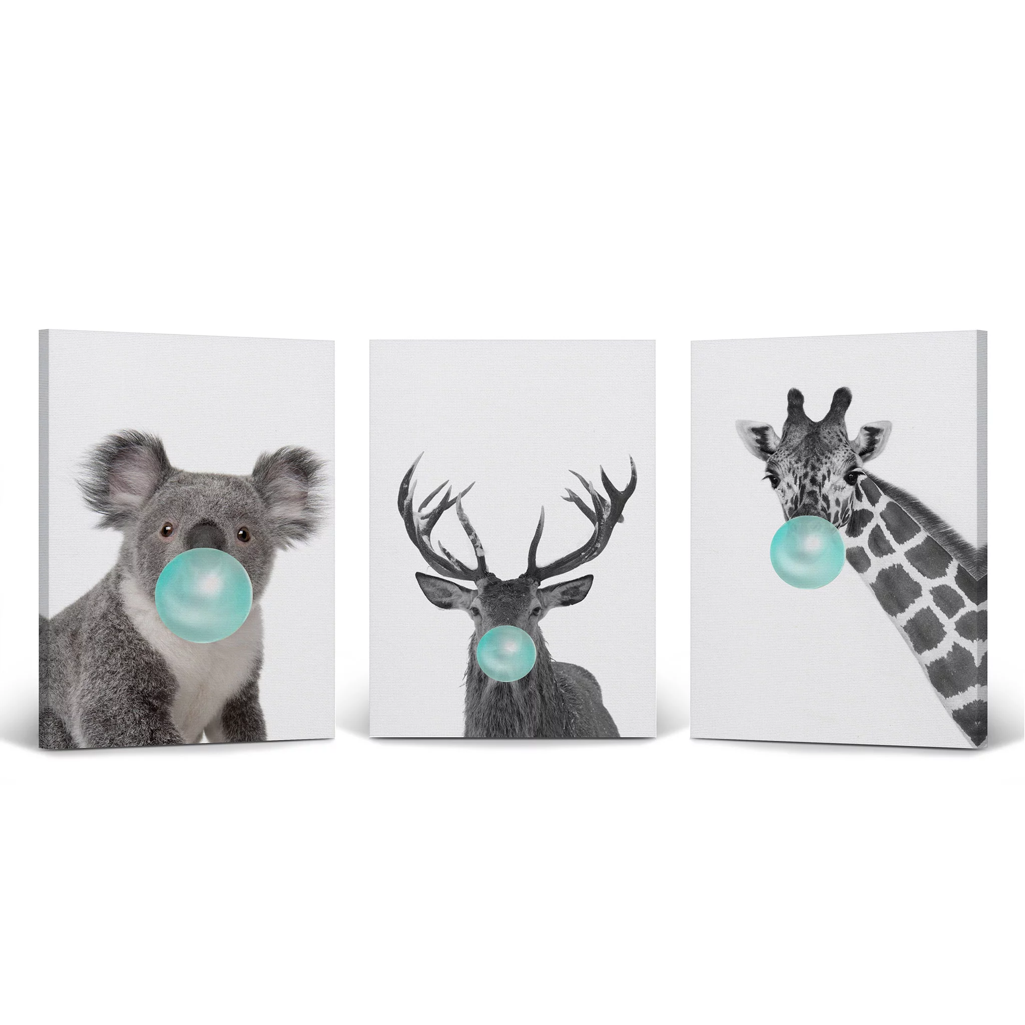 Smile Art Design Reindeer Koala Giraffe Animal Bubble Gum Art 3 PANEL CANVAS PRINT SET Teal Blue Black and White Wall Art Decor Pop Art Living Room Kids Room Nursery Ready to Hang Made in USA 28x19