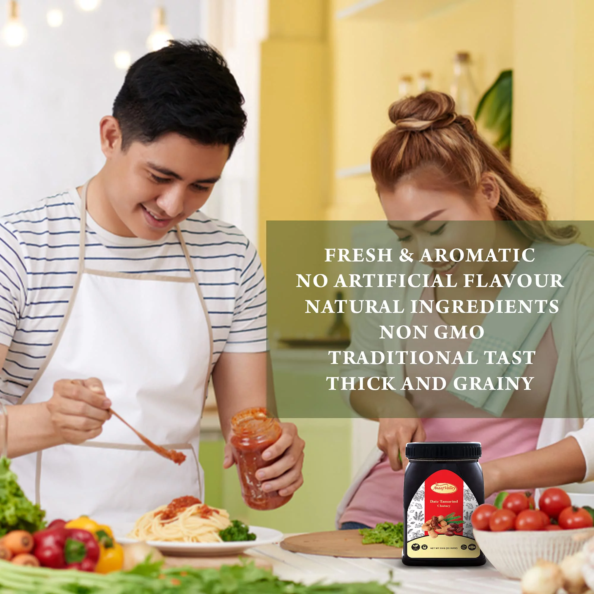 Anaaj Valley Pure Tamarind and Date Chutney - Premium Spicy ilmi Chutney - Used with Chicken, Sandwich, Salad - NON-GMO, Vegan, Gluten Free, All Natural Sweet and Sour Tamarind Date Sauce, 350 Gr