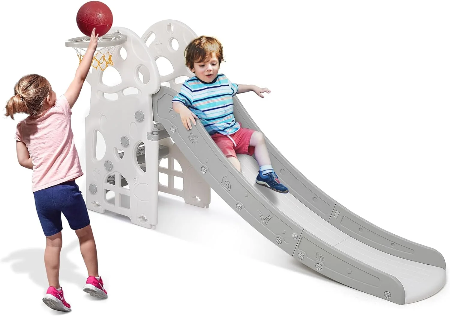 Indoor Slide for Toddlers 1-3, Kids Slide with Basketball Hoop and Climbing Ladders, 3 in 1 Freestanding Slide Playset Indoor Outdoor Playground for Kids