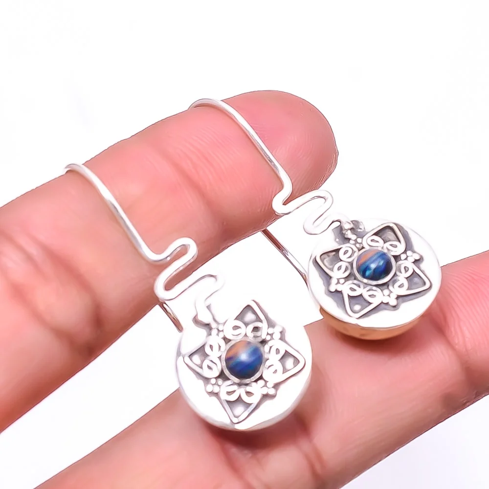 Blue Rainbow Calsilica 925 Silver Plated Two Tone Earring 1.56