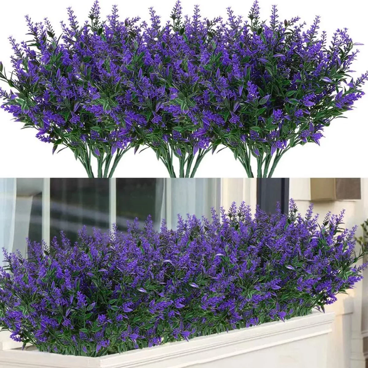 8 Bundles Artificial Lavender Fake Flowers Outdoor UV Resistant Faux Plants Spring Plastic Shrubs Home Garden Indoor Outside Hanging Decorations (Purple)