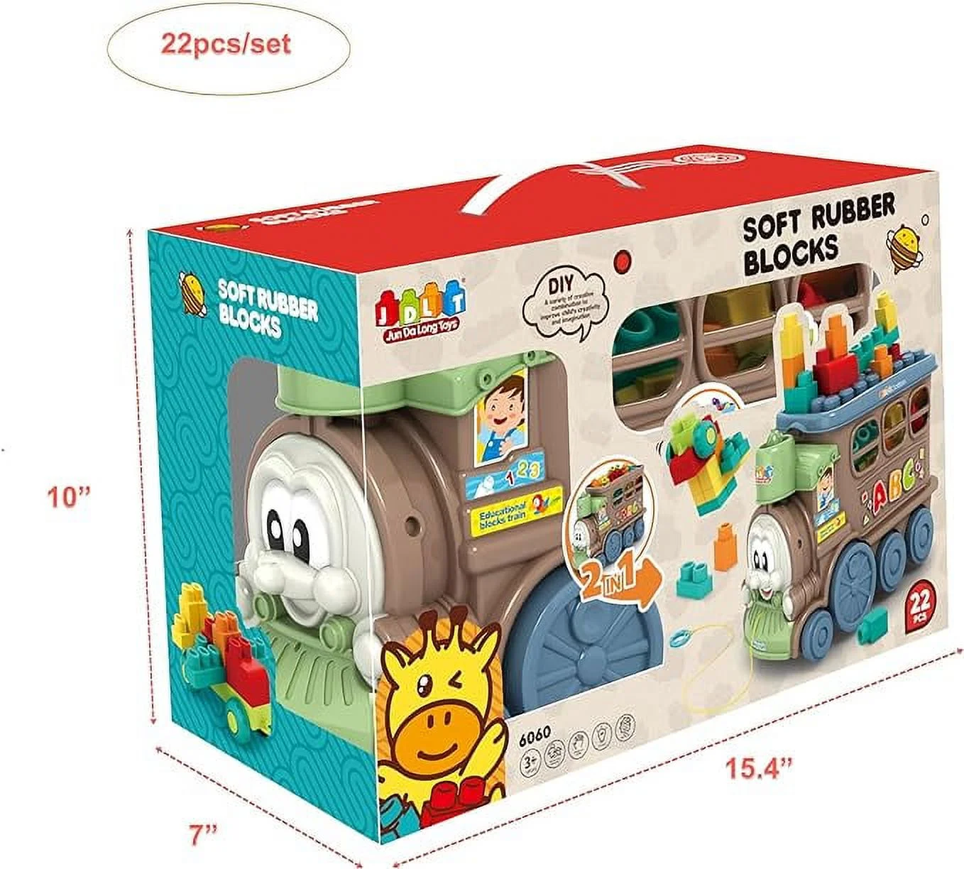 Kids Blocks Set - Montessori Activity Toy with 22 Stackable Blocks and Train Set with Storage and Blocks 2-in-1