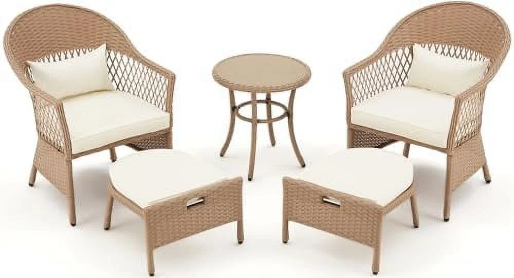AYFDEGT 5 Pieces Patio  Set  Outdoor Rattan Chairs with Tempered Glass Coffee Table  Ottomans & Soft Cushions  Wicker Conversation  for Garden  Deck  Balcony  Poolside(Khaki)