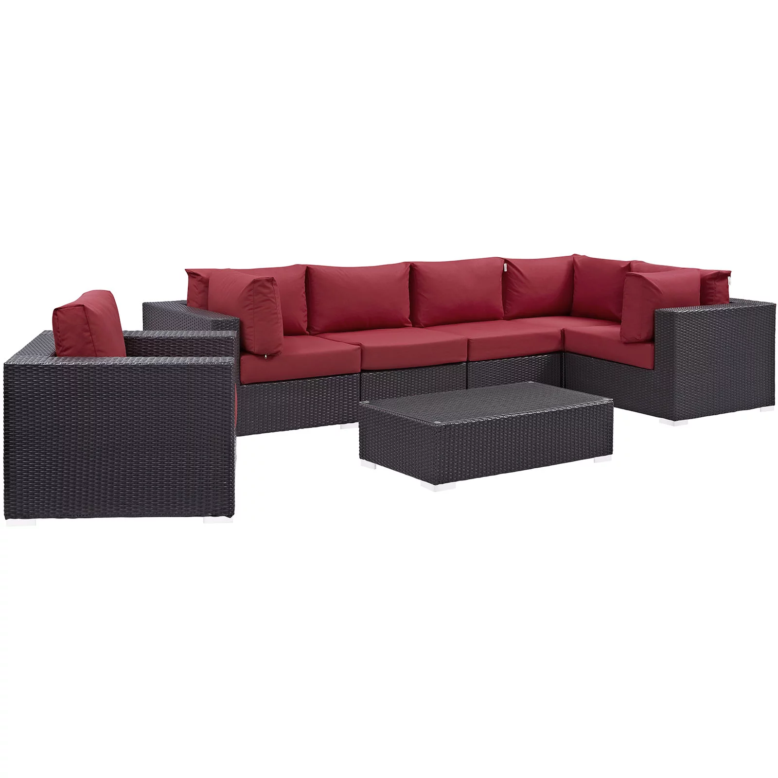 Modern Contemporary Urban Design Outdoor Patio Balcony Seven PCS Sectional Sofa Set, Red, Rattan