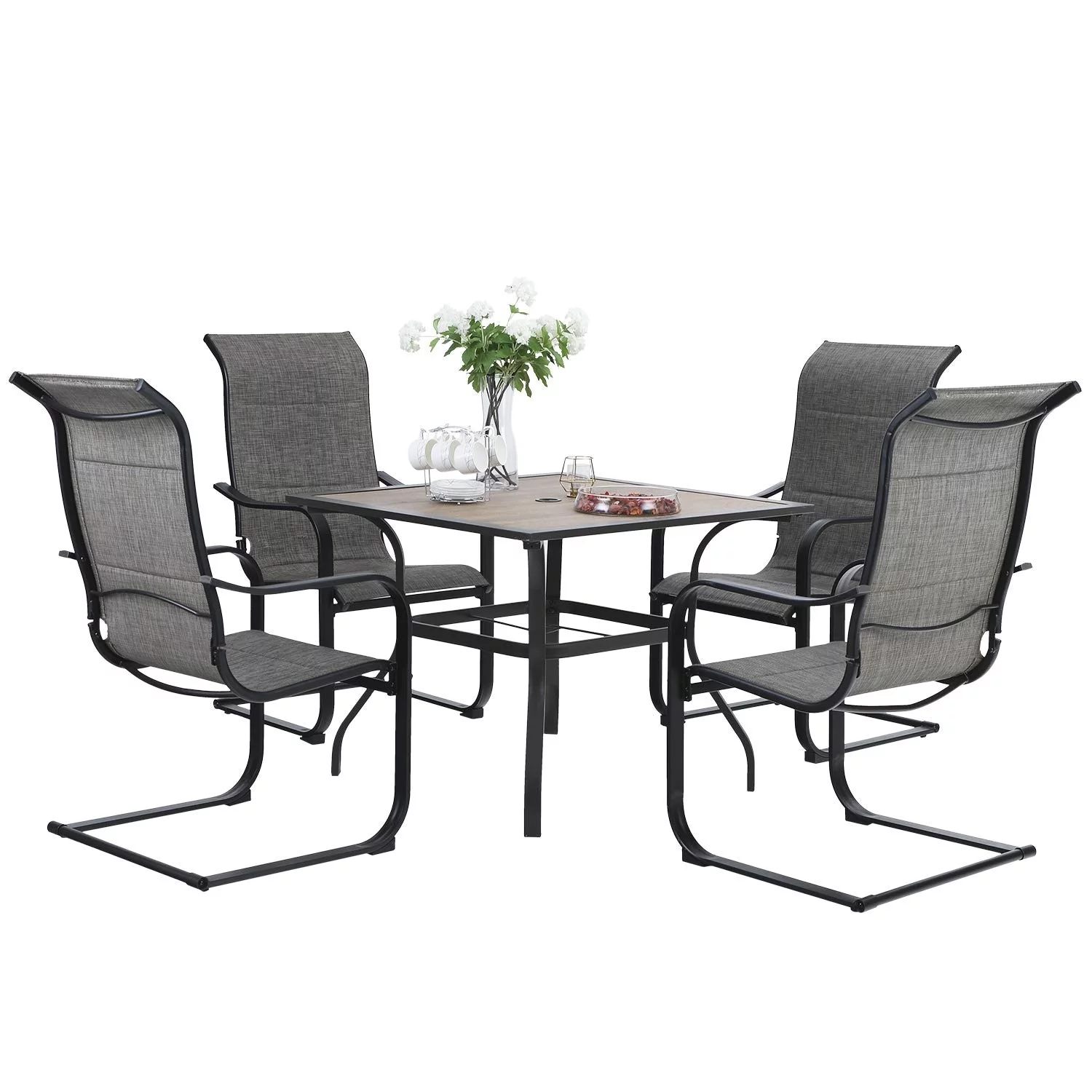 Patio Dining Set , 4/6  Textilene Chairs and 1 Wood-like Table with Umbrella Hole +C-spring Chairs 37
