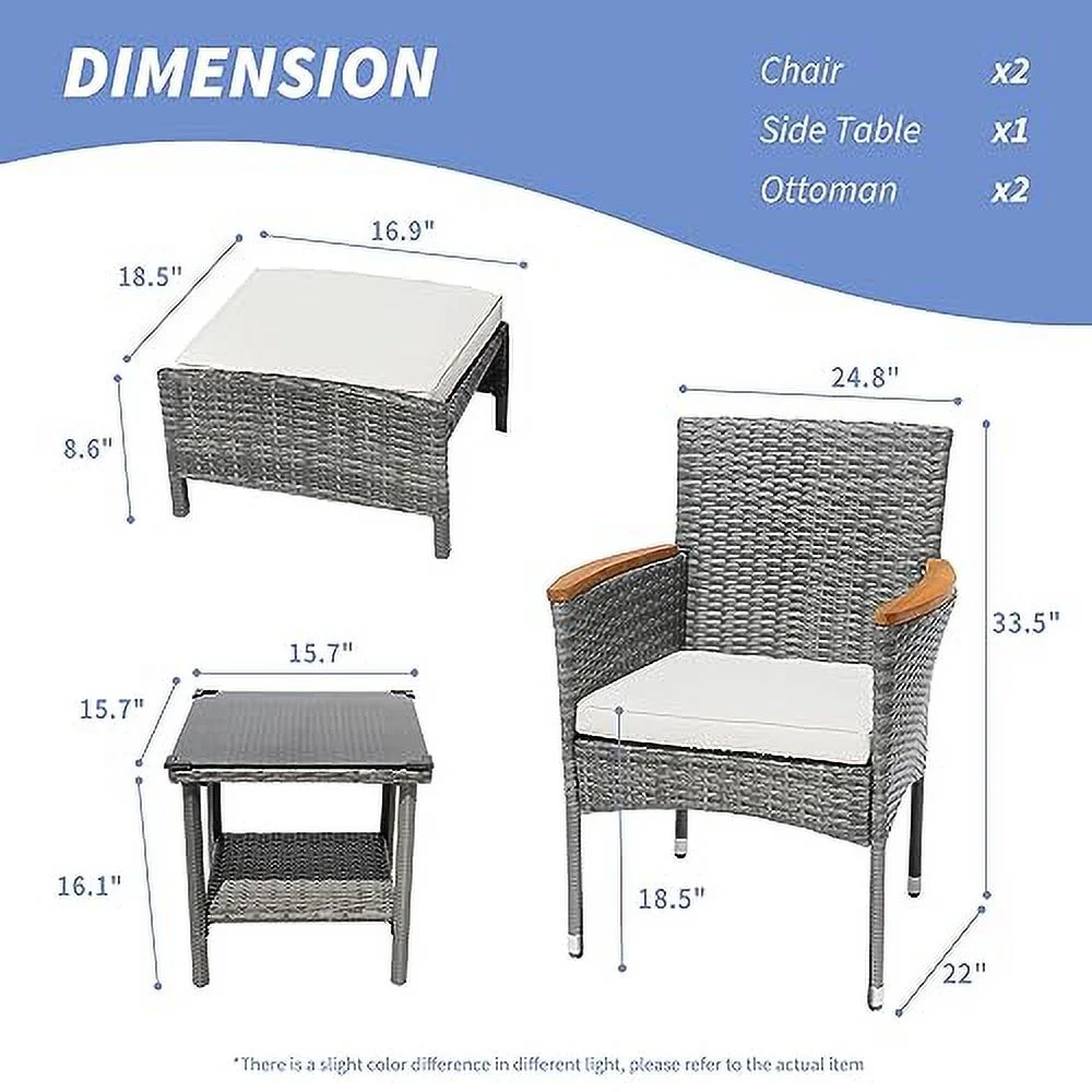 5 Piece Outdoor Patio Furniture Set Clearance with Table & Ottoman PE Rattan Outdoor Furniture Patio Set Bistro Wicker Patio Set of 2 Outside Lawn Chairs Conversation Sets For Porch Balcony Pool Deck