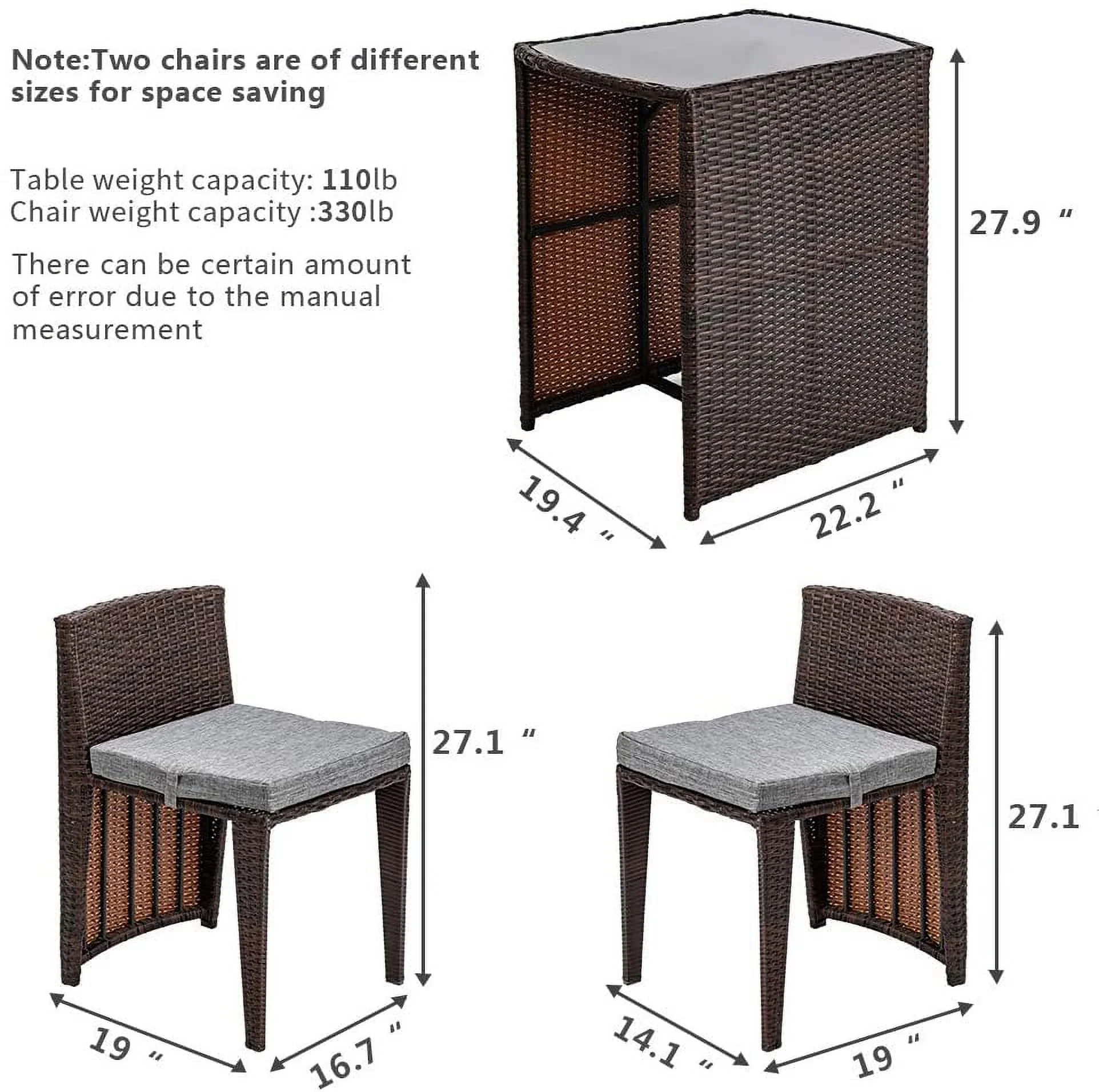 3 PCS Wicker Outdoor Patio Bistro Set, Patio Furniture Set for Small Space with Glass Top Table Dining Chairs, Balcony Furniture Patio Table and Chairs Set of 2 for Garden Yard Porch