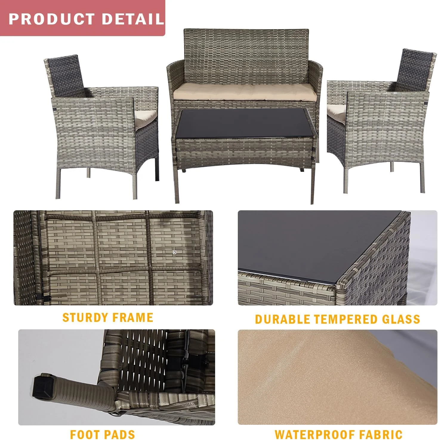 TJCGDTY VGYUIJN 4 Pieces Patio VGYUIJN Set  Outdoor Conversation Sets  Wicker Rattan Chairs for Garden Backyard Balcony Porch Poolside  Patio VGYUIJN with Glass VGYUIJN and Soft Cushions