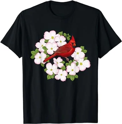 Red Cardinal Bird & Pink Flowering Dogwood Blossoms T-Shirt