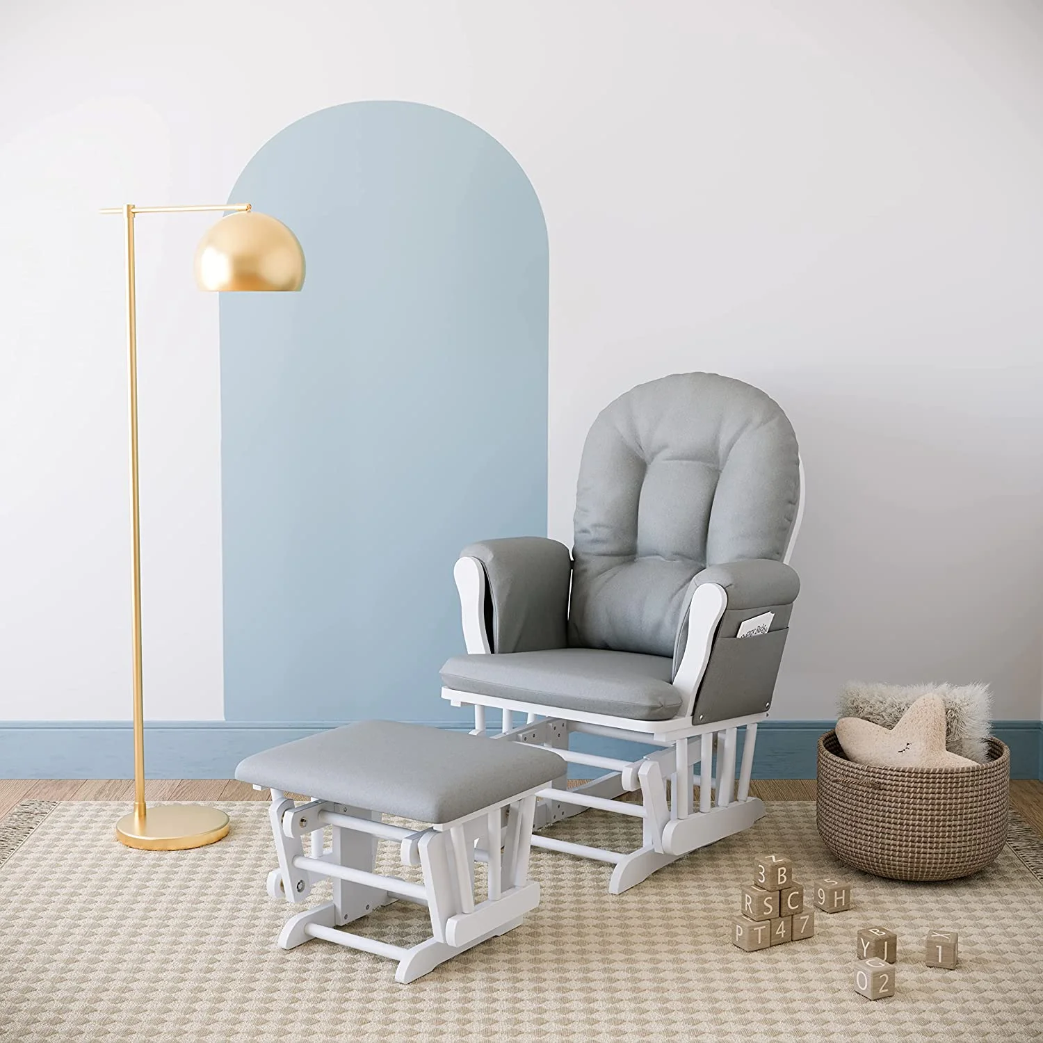 DALEI Premium Hoop Glider and Ottoman (White Base, Light Gray Cushion) – Padded Cushions with Storage Pocket, Smooth Rocking Motion, Easy to Assemble, Solid Hardwood Base