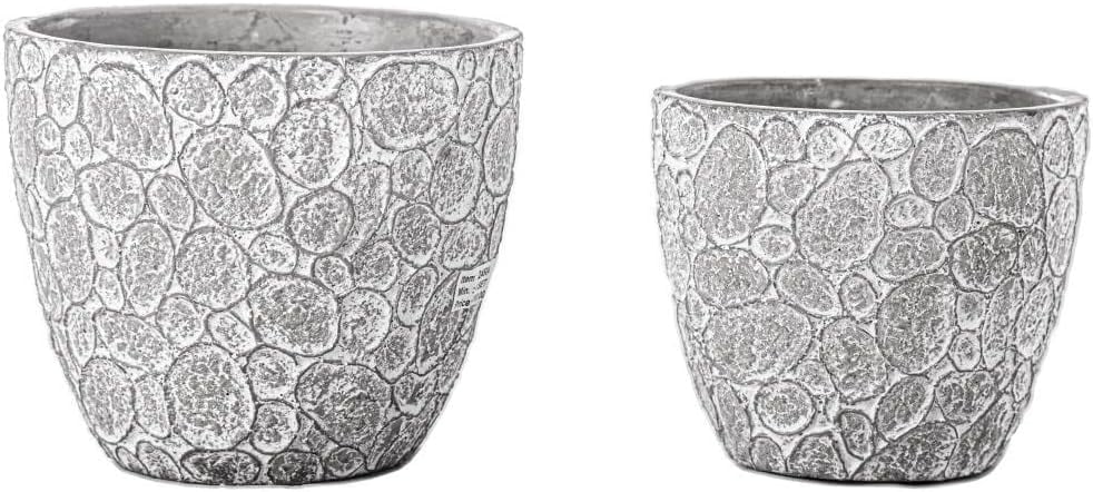 Modern Home Decorative Cement Round Pot with Embossed Seamless Bubble Abstract Design Body Set of Two Washed Concrete Finish Gray