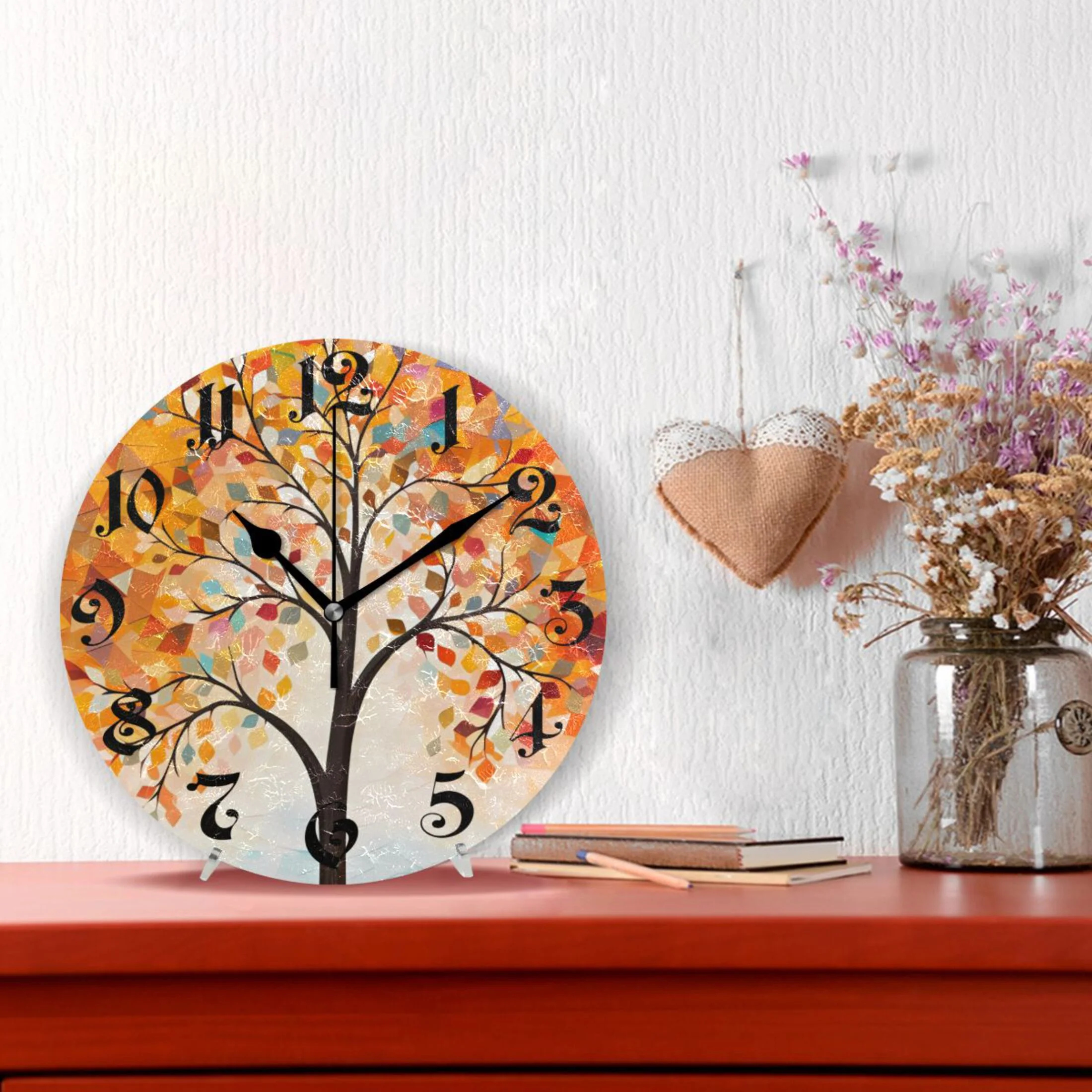 Wall Clock 10 Inch Silent Non-Ticking 8 Orange Tree Abstract Battery Operated Rustic Retro for Living Room Home Kitchen Bathroom