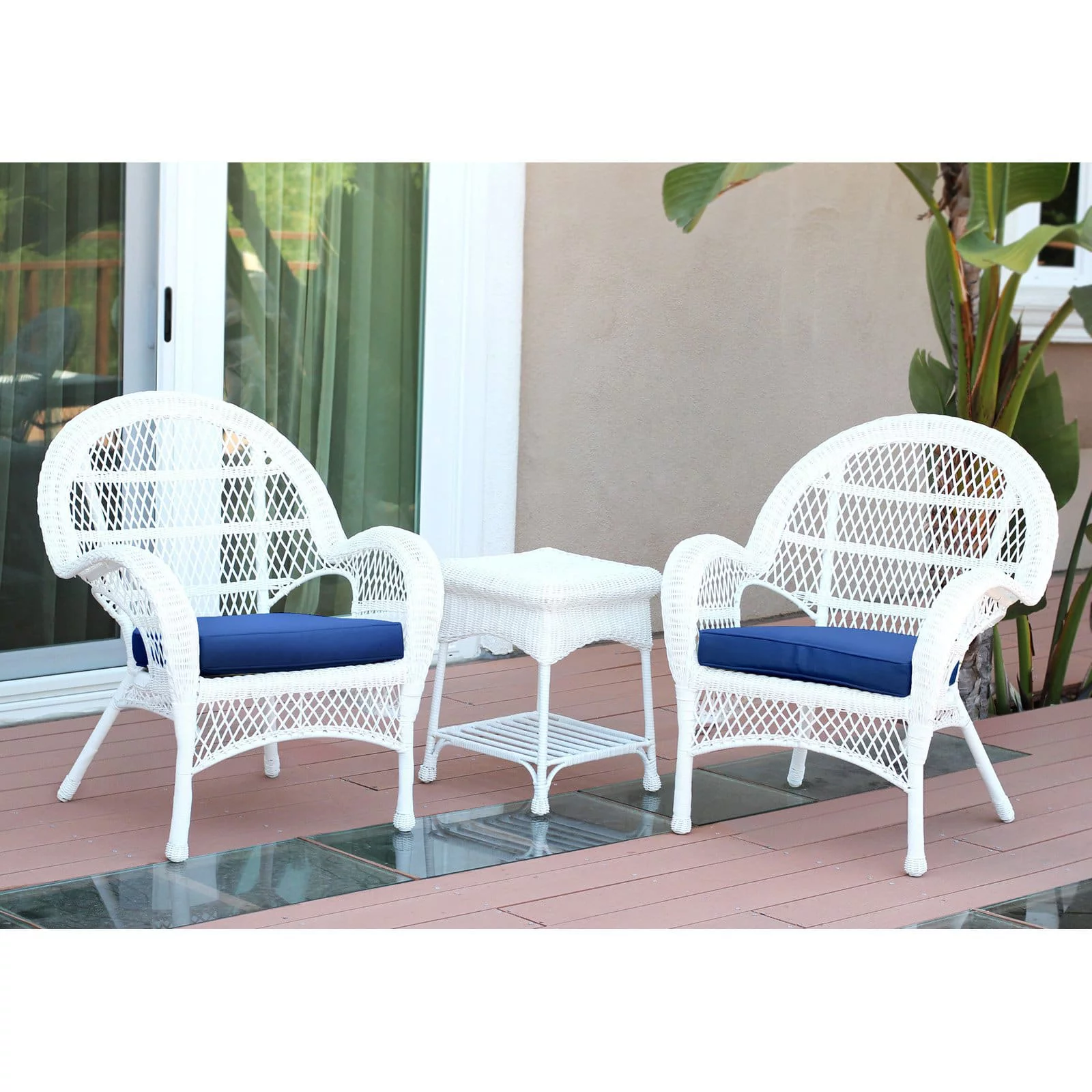 Jeco 3 Piece Wicker Conversation Set in White with Tan Cushions
