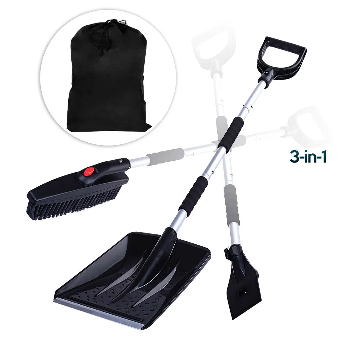 Snow Shovel Kit 3-in-1 Brush Ice Scraper Collapsible Removable Design