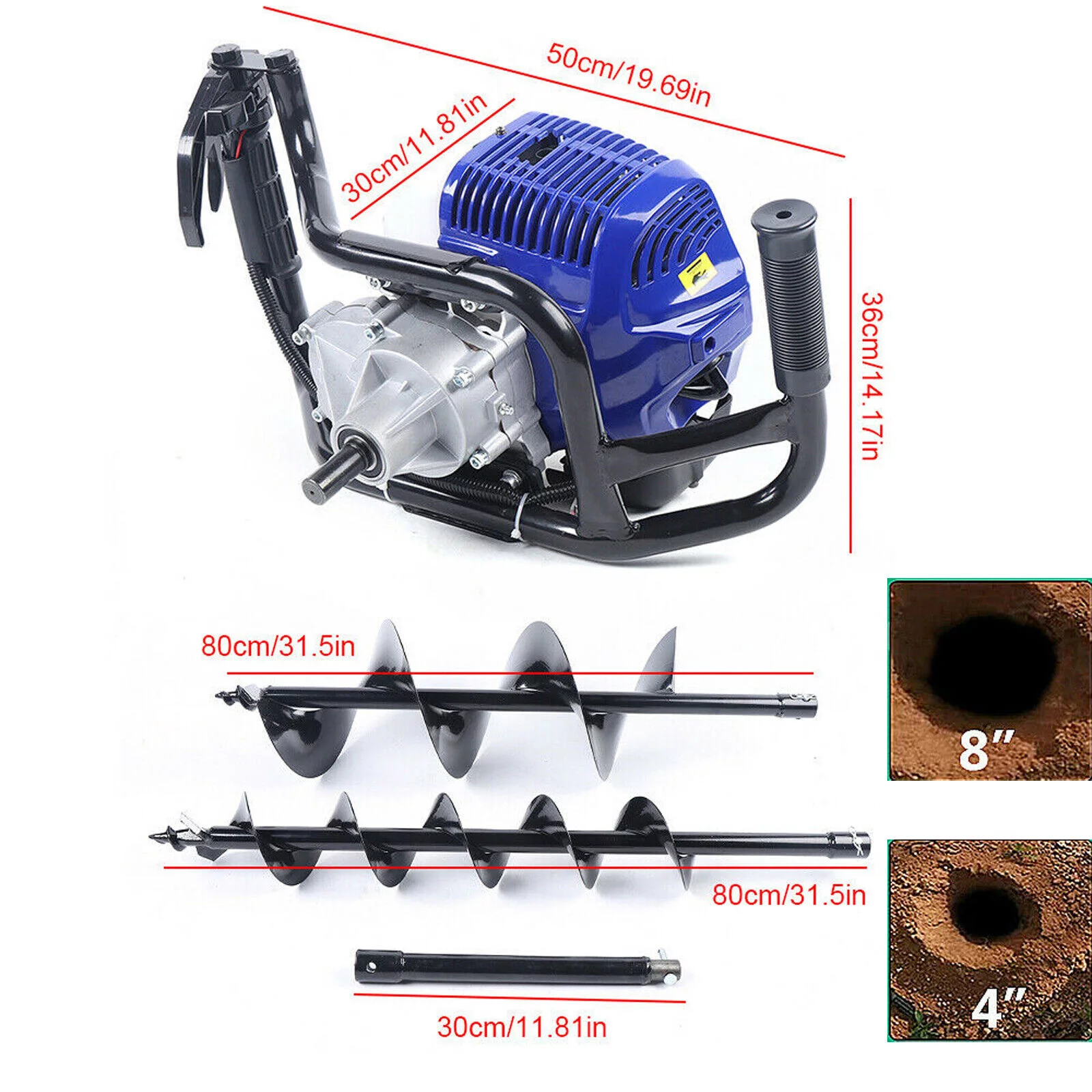 DENEST 52CC Post Hole Digger Gas Powered Earth Auger Borer Machine + 2 Auger Drill Bits