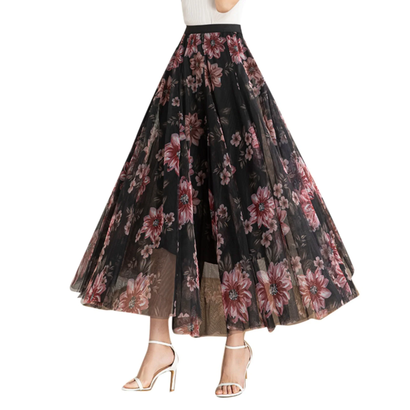 Winter Skater Skirt Summer Women'S Printed Skirt Elastic High Waist Pattern Three Layer Mesh Large Swing Skirt Skirt Sets For Women