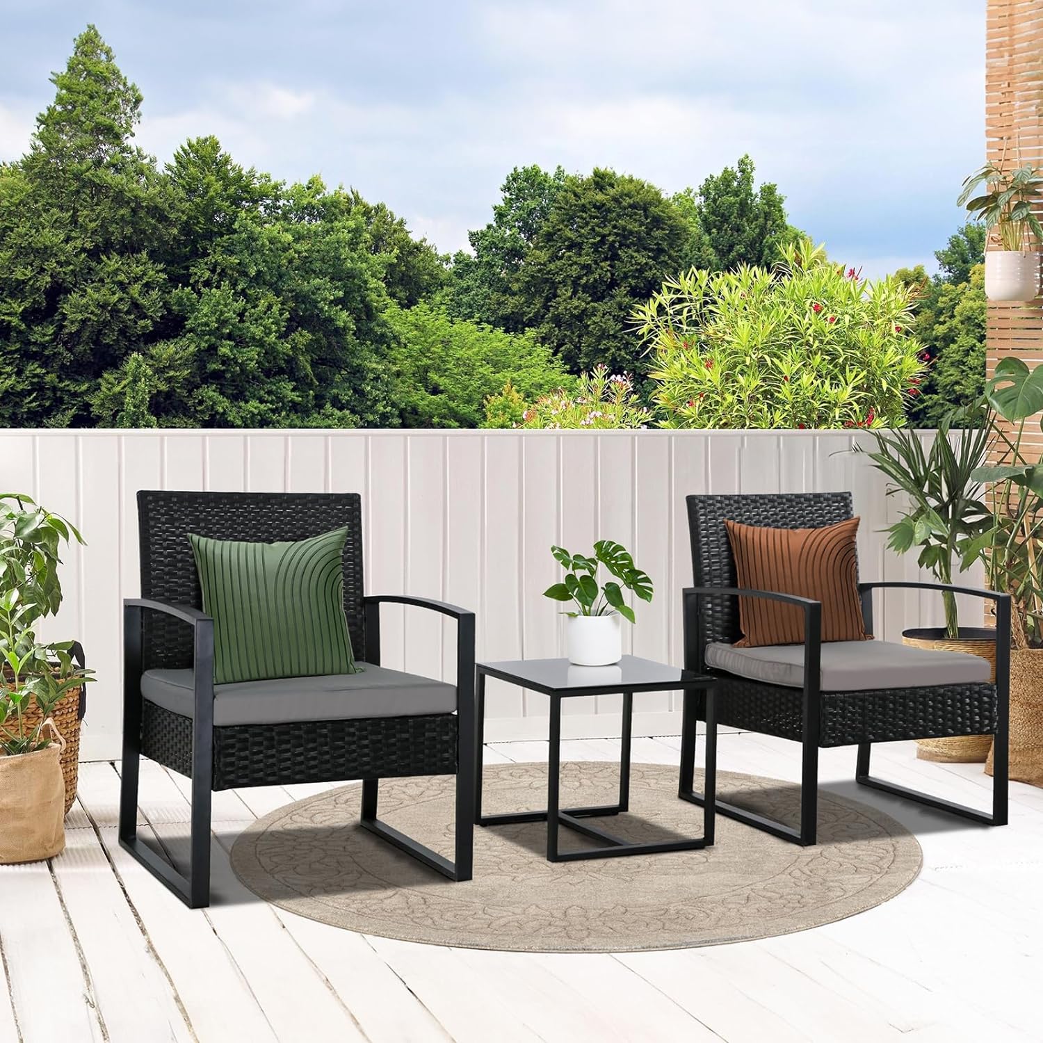 CHOPLKM 3 Pieces Patio  Set  Balcony   Patio  All-Weather Wicker Chairs Conversation Set with Cushions  for Outdoor Backyard Porch Lawn (Black-Beige)