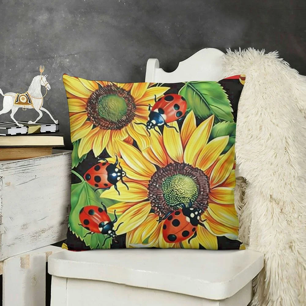 Cute Ladybug Cushion Cover Yellow Sunflower Rustic Plant Throw Pillow Cover for Outdoors Chair Office Black White Geometric Grid Cushion Case for Bedroom Car Party Couch