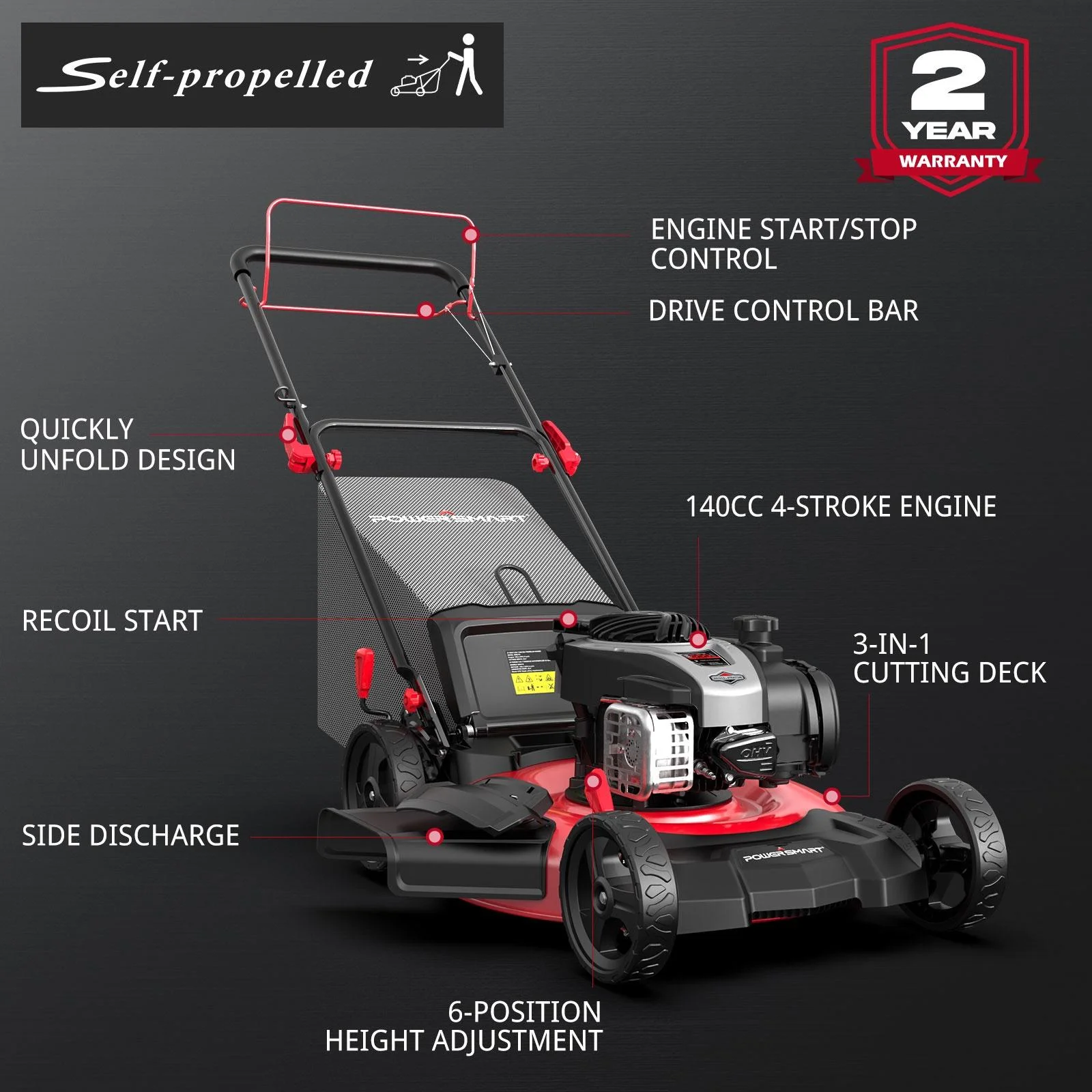 PowerSmart Self-Propelled Gas Powered 22 inches 3-in-1 Lawn Mower with 140cc B&S Engine