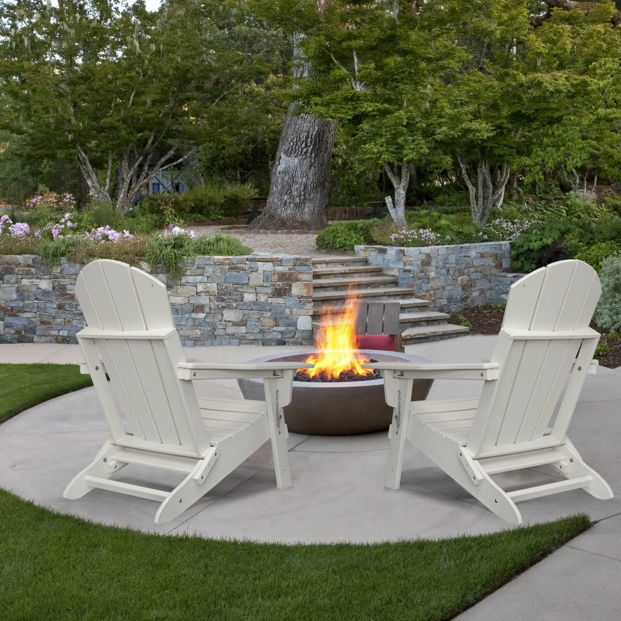 Folding Adirondack Chair with Retractable Ottoman, HDPE All-Weather Resistant Adjustable Backrest Adirondack Chair w/4 in 1 Cup Holder Trays, White