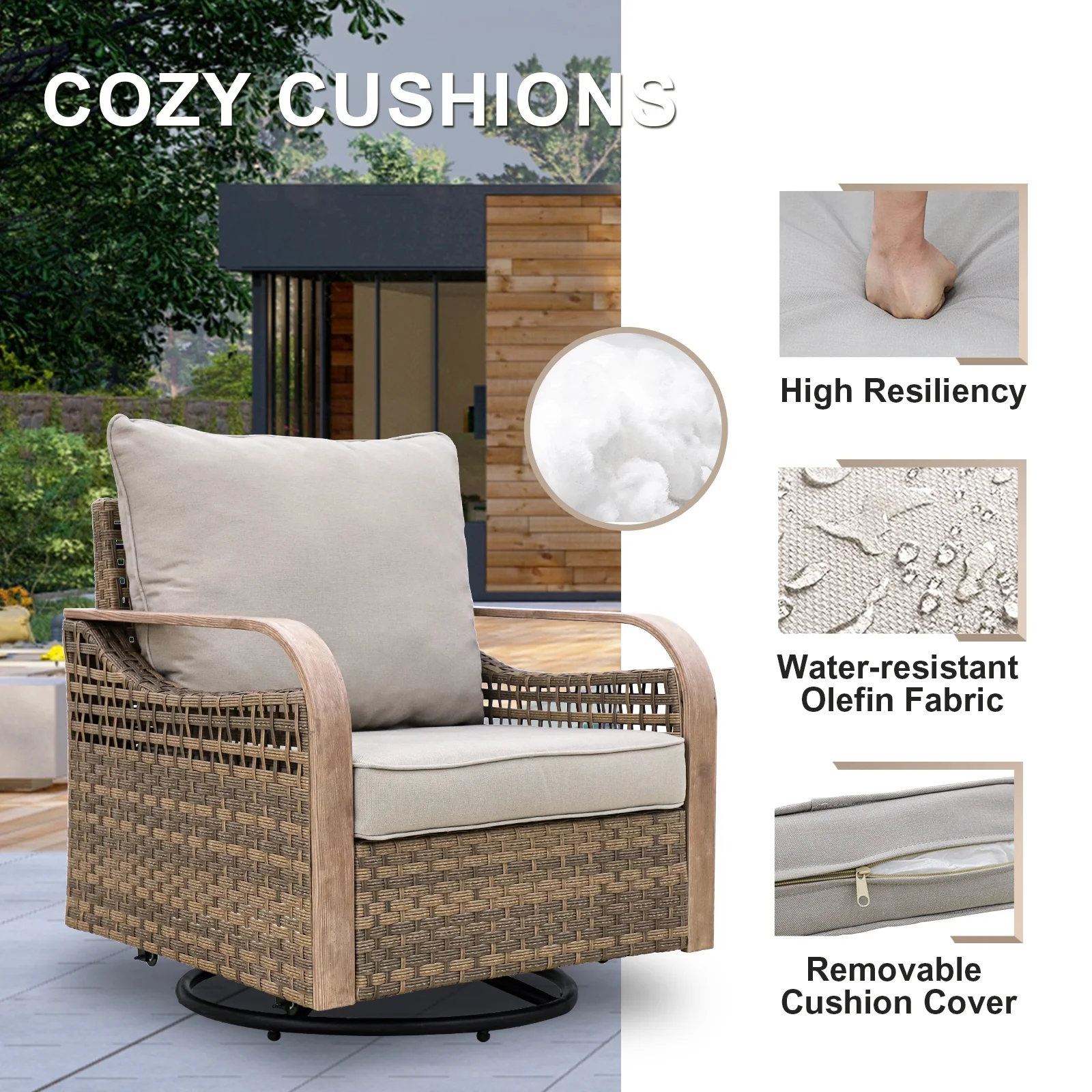 EAGLE PEAK 4 Piece Wicker Outdoor Rocking Chairs with Ottomans, Rattan Swivel Rocker Patio Chairs for Backyard Deck Porch & Garden, Brown/Beige