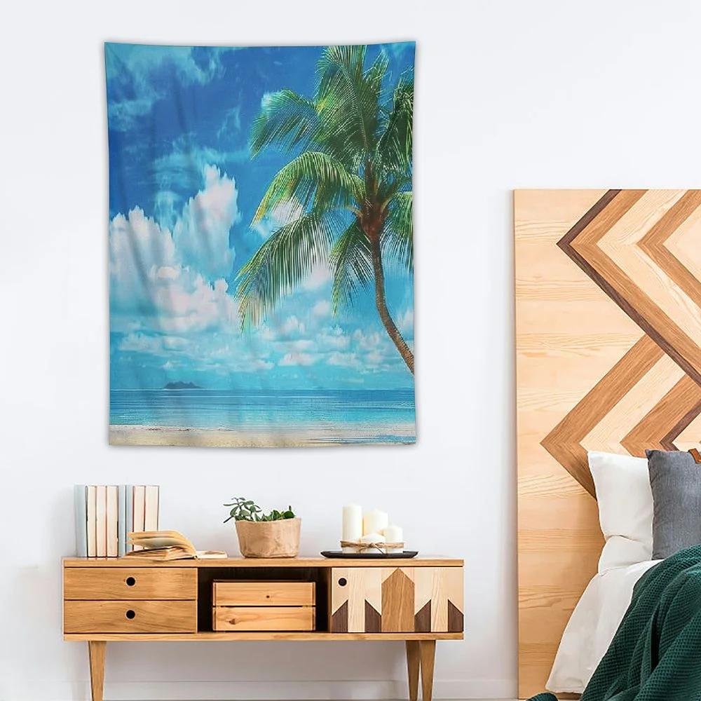 Cmefzd Ocean Tapestry Queen Size, Palm Tree Leaves in the Sand Beach Landscape Graphic Print, Wall Hanging Bedspread Bed Cover Wall Decor, Cream Green 30x40in