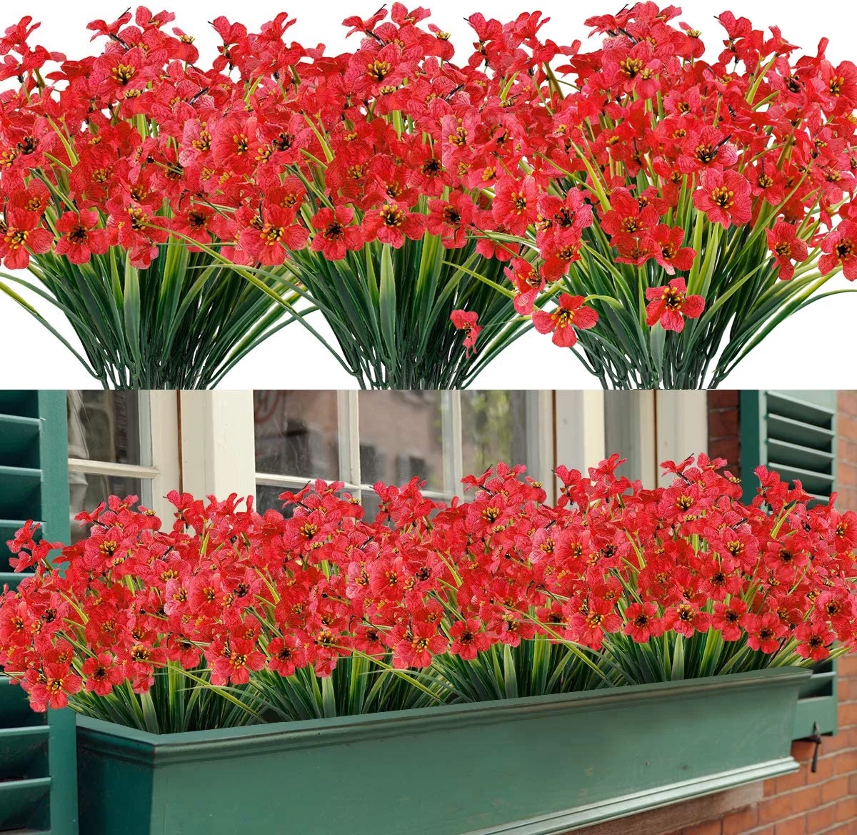 12 Bundles Artificial Fake Flowers for Outdoors UV Resistant Silk Faux Flower for Home Inside and Outside Planters Window Box Front Porch Garden Patio Decoration (Red)