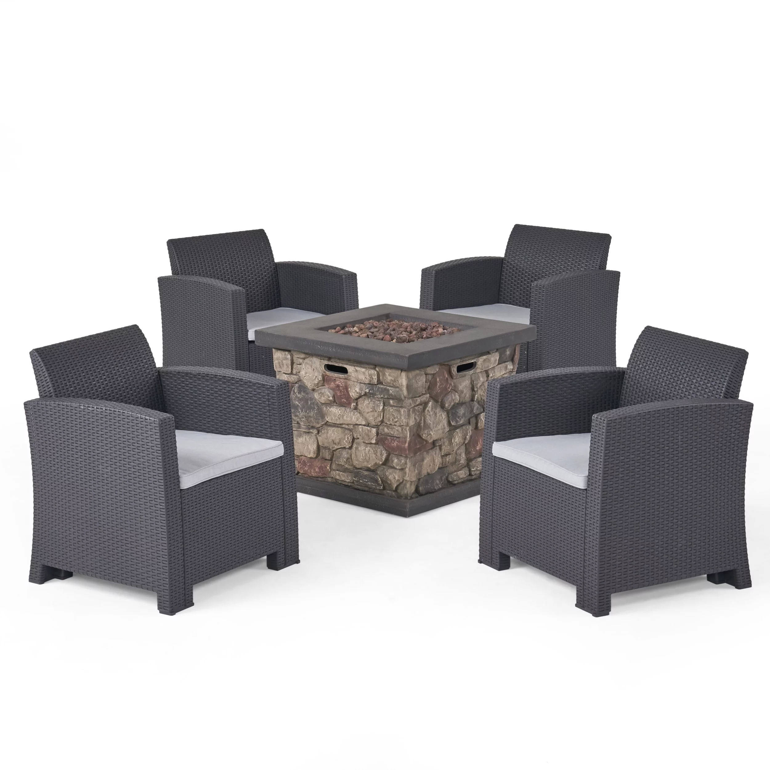 GDF Studio Wuerpel Outdoor Faux Wicker 5 Piece Club Chair and Fire Pit Set with Cushion, Charcoal, Light Gray, and Stone
