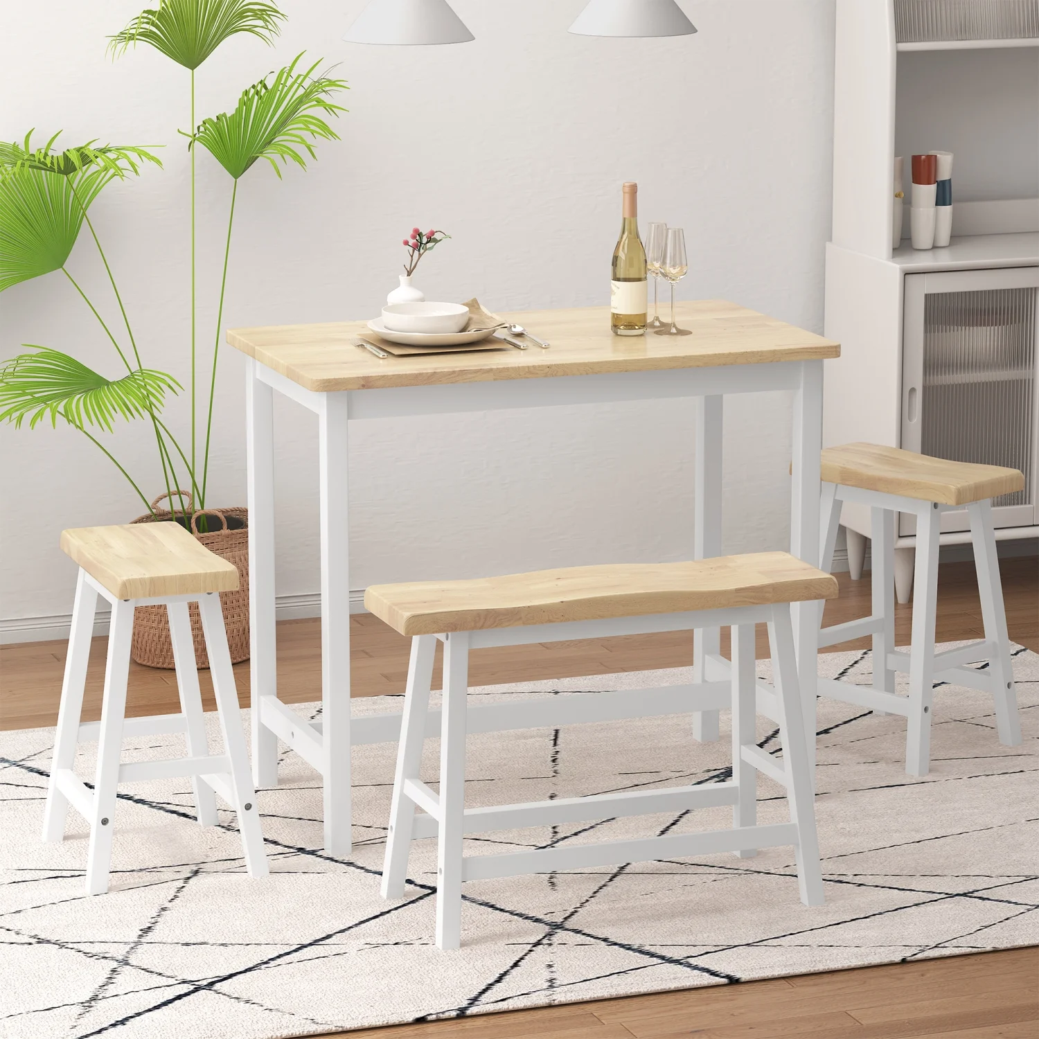 Elegant and contemporary 4-Piece Rubber Wood Bar Dining Table Set for Modern Kitchen Bistro - Includes Counter Height Table  Bench  and Stools - Perfect for Small Spaces - Natural Wood an