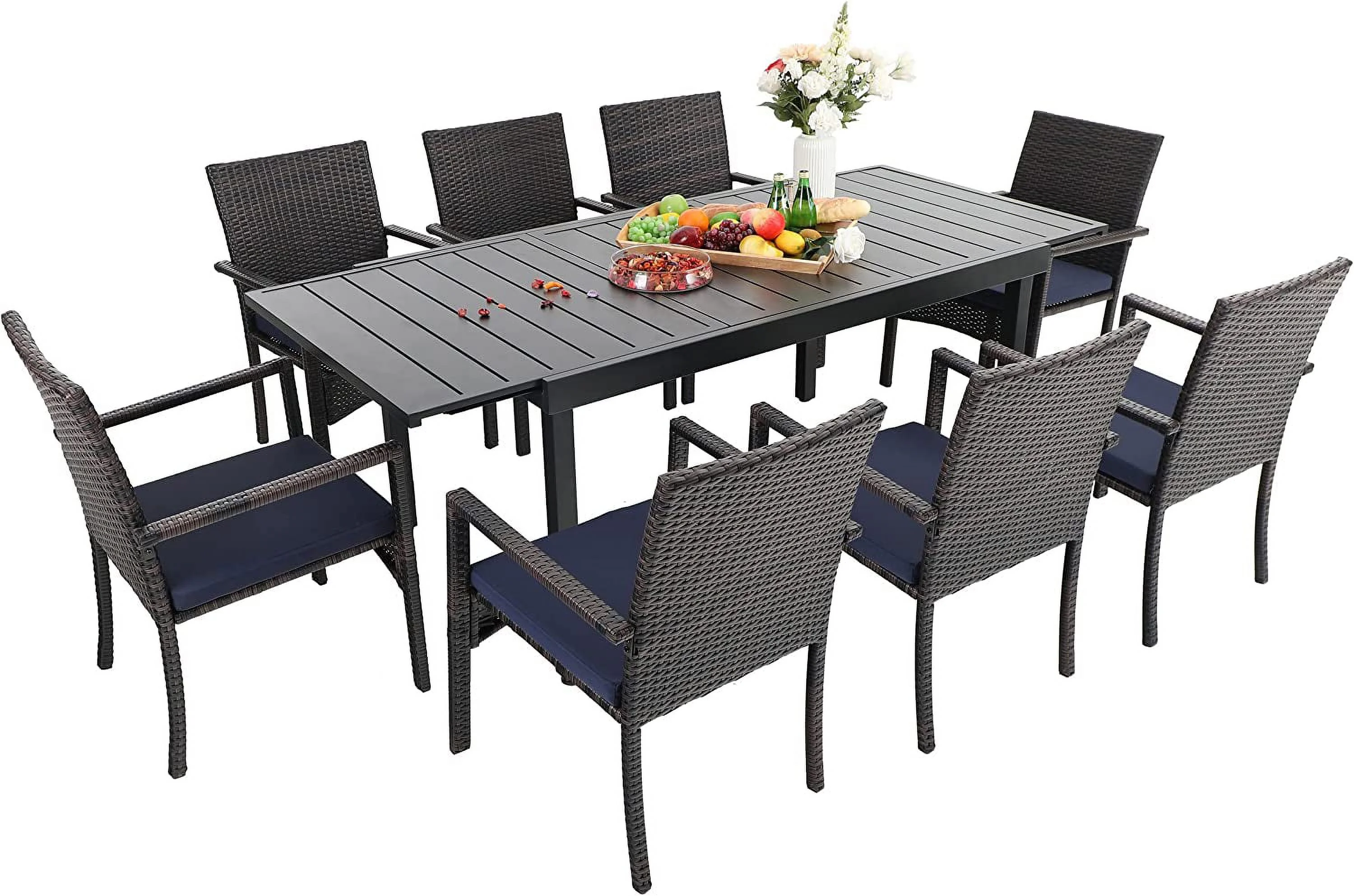 & William 9 Pieces Patio Dining Furniture for 6-8 People  Outdoor PE Rattan Chairs and Expandable Rectangle Metal Table Set  Modern Outside Dining Set with Cushions for Porch  Backyar