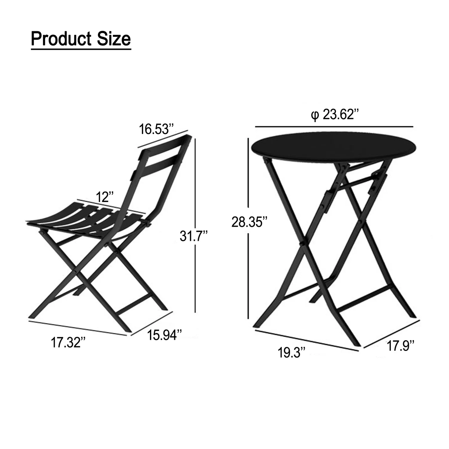 3 Piece Patio Bistro Set of Foldable Round Table and Chairs  White