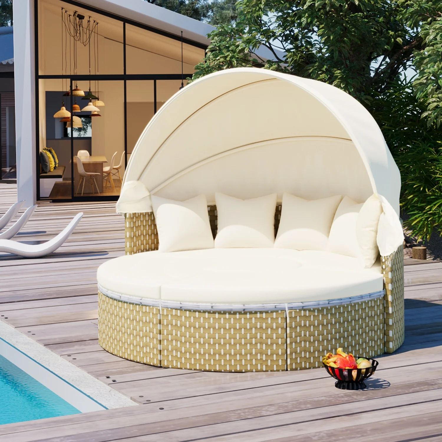 Enjoy Relaxing in Style with this Modern TOPMAX Beige Rattan Round Outdoor Sectional Sofa Set. Featuring a Retractable Canopy  Two-Tone Weave Sunbed  Separate Seating  and Removable Cushi
