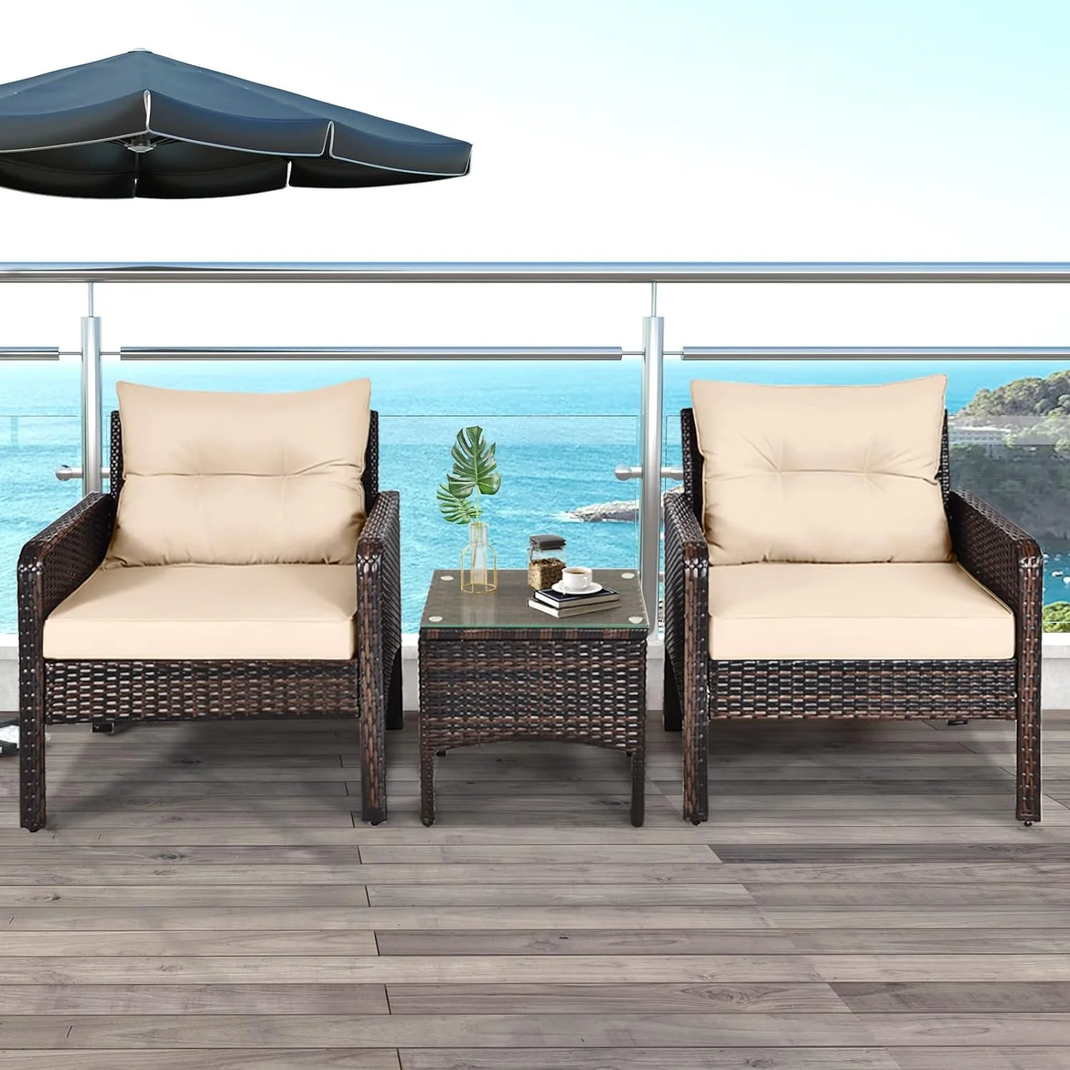 Patio Furniture Set - PE Rattan Wicker Chairs W/Glass Top Coffee Table & Thick Cushions, Bistro Sofa Set For Deck Porch Balcony Garden, Conversation Outdoor Furniture (Turquoise)