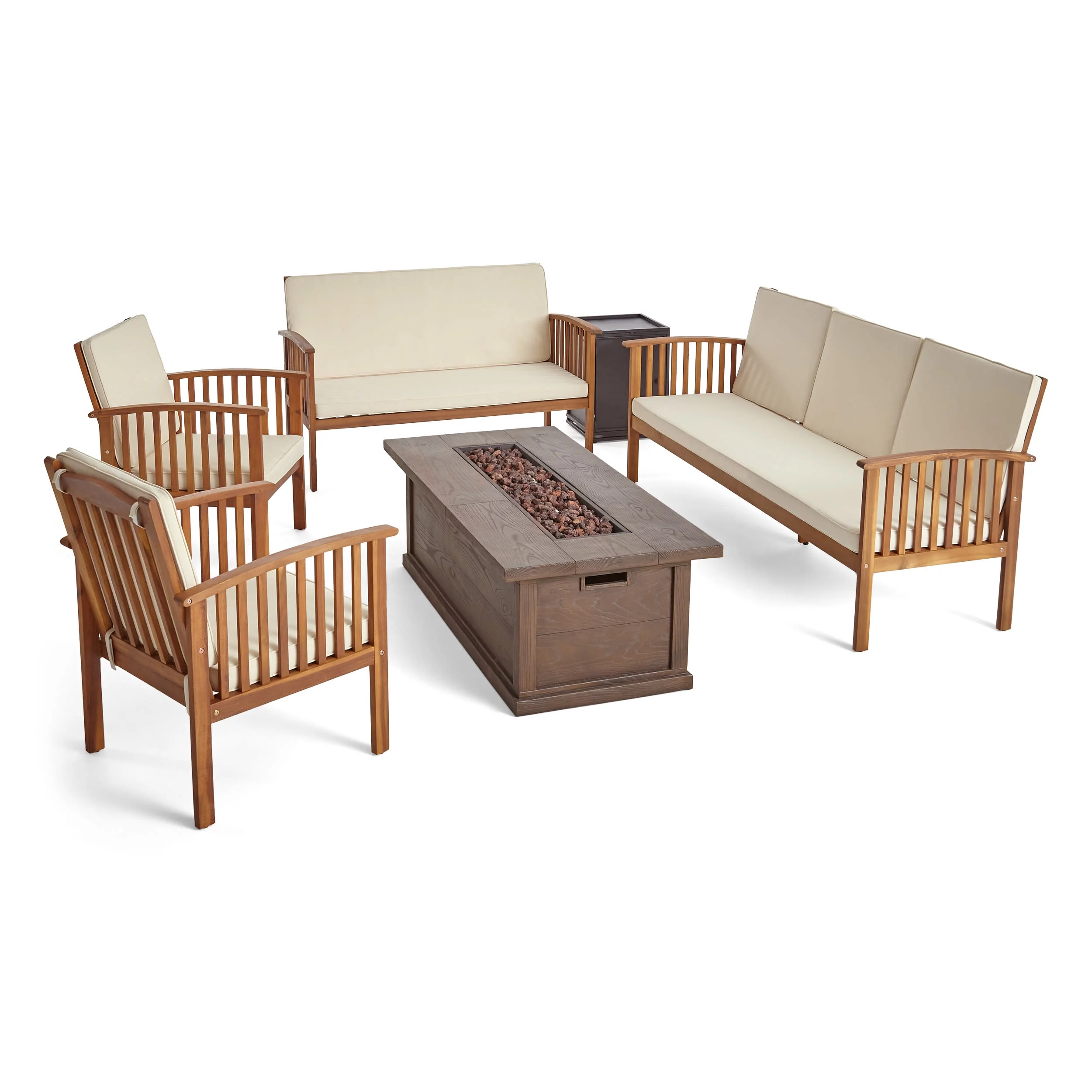 GDF Studio Navan Outdoor Acacia Wood 7 Seater Sofa and Loveseat Chat Set with Fire Pit, Teak, Cream, and Brown