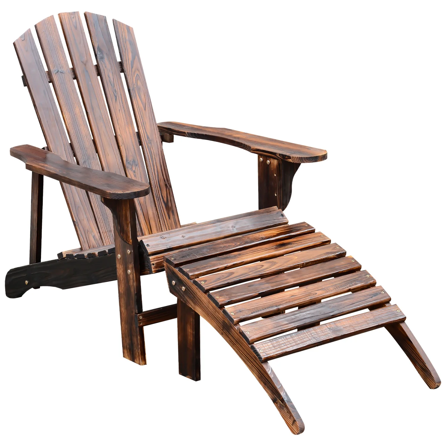 CHYUTR Wooden Adirondack Chair Outdoor Patio Lounge Chair w/ Ottoman - Rustic Brown
