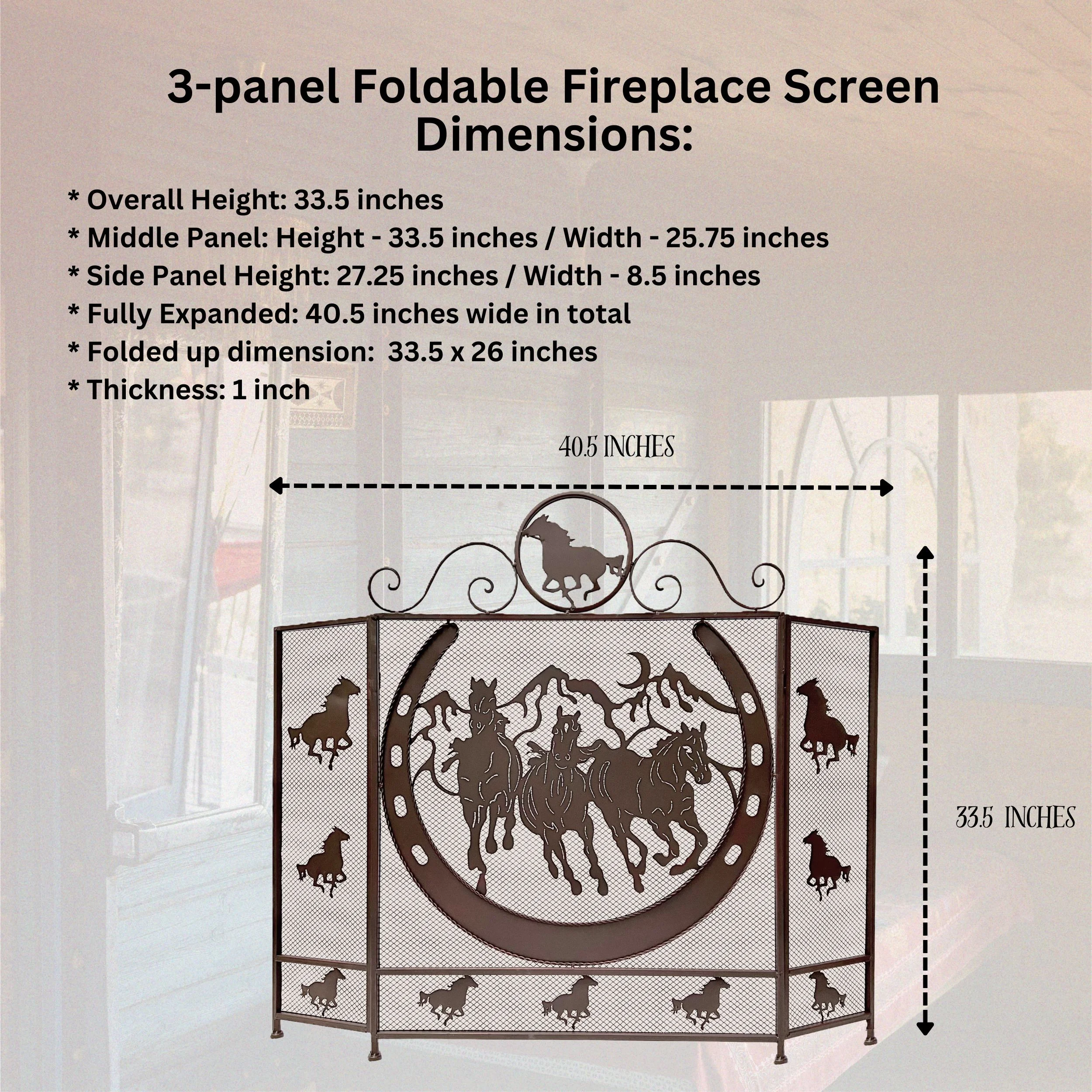Rustic Metal Foldable Fireplace Screen with Horseshoe and Running Horses