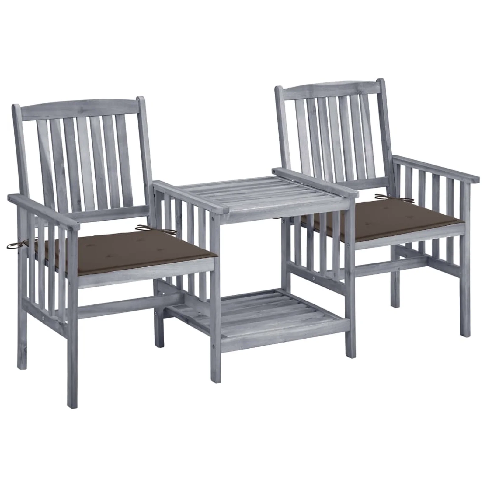 Anself Wooden Double Chairs with Cushion and Tea Table with Storage Shelf Gray Acacia Wood Bistro Set for Patio, Backyard, Balcony, Lawn,  62.6 x 24 x 36.2 Inches (L x W x H)
