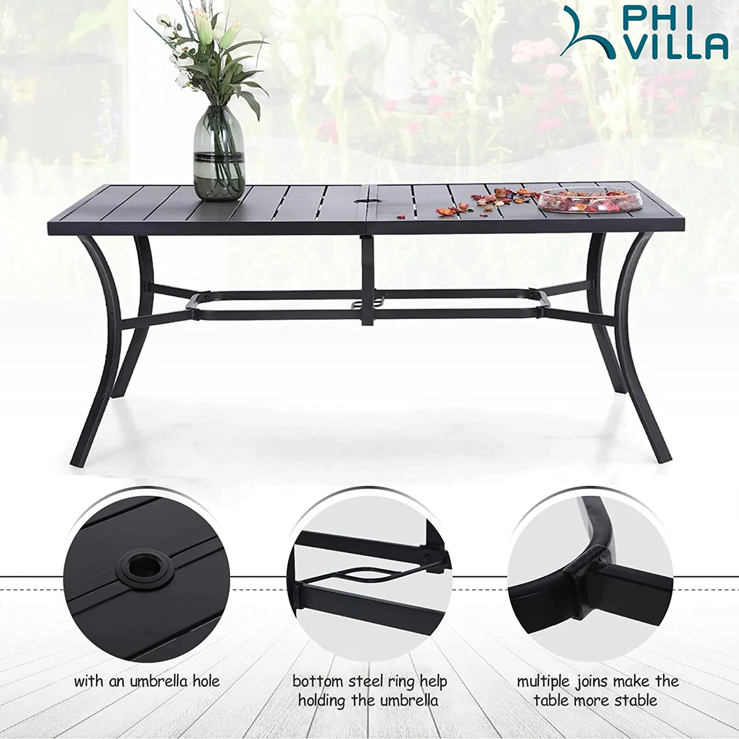 VILLA 5 Piece Outdoor Dining Set with 10ft Umbrella  37" Square Metal Dining Table & 4 Cushioned Metal Chairs & 3-Tier Beige Umbrella for Patio  Deck  Yard  Porch