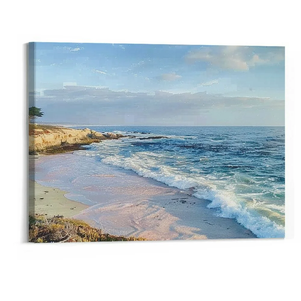 BCIIG Canvas Wall Art Seascape of Monterey Bay and cypress trees at Sunset California Painting Poster Print Pictures On Canvas unFramed Giclee Artwork Ready to Hang   20''x16''