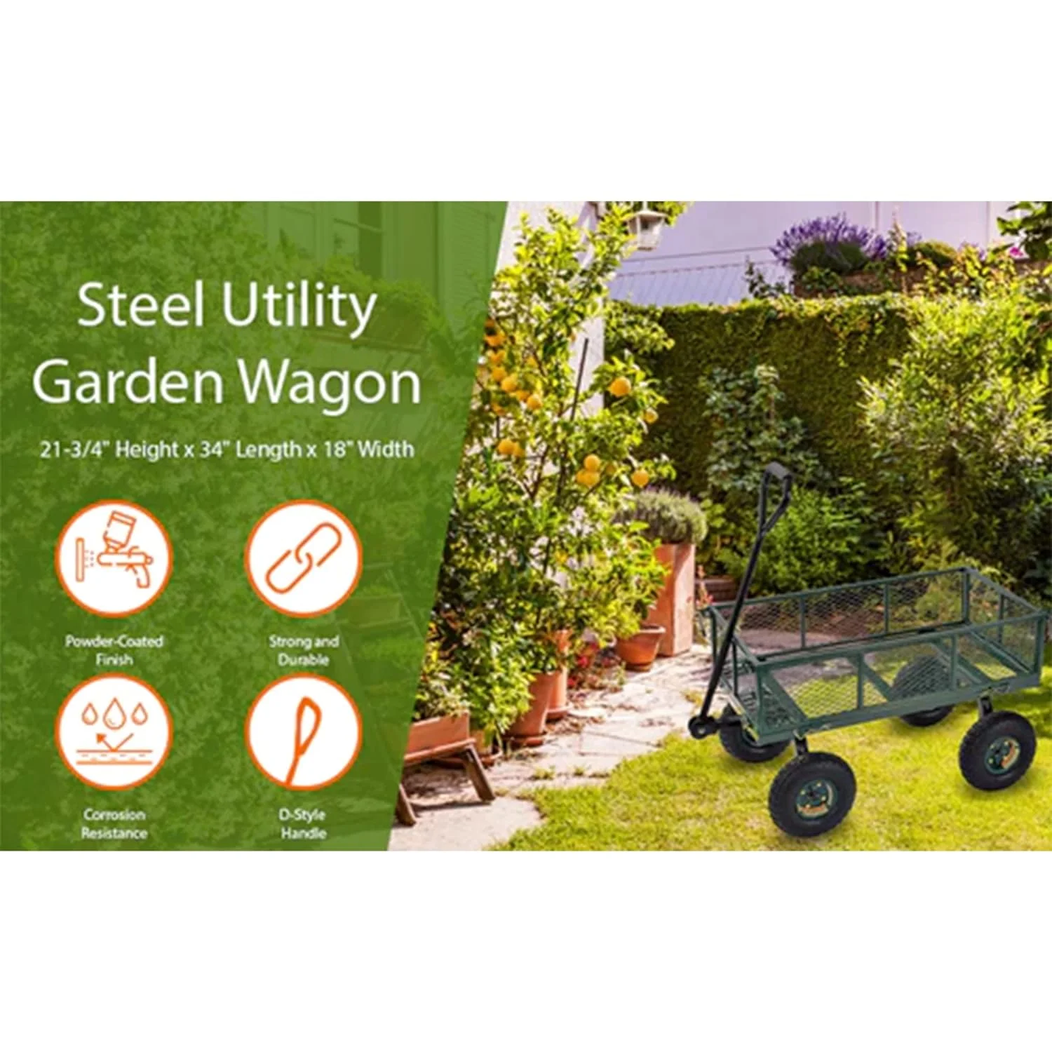 Carts GW3418-GR Heavy Duty Steel Frame 400 Pound Load Capacity Outdoor Utility Garden Wagon with Pneumatic Tires, Green Finish