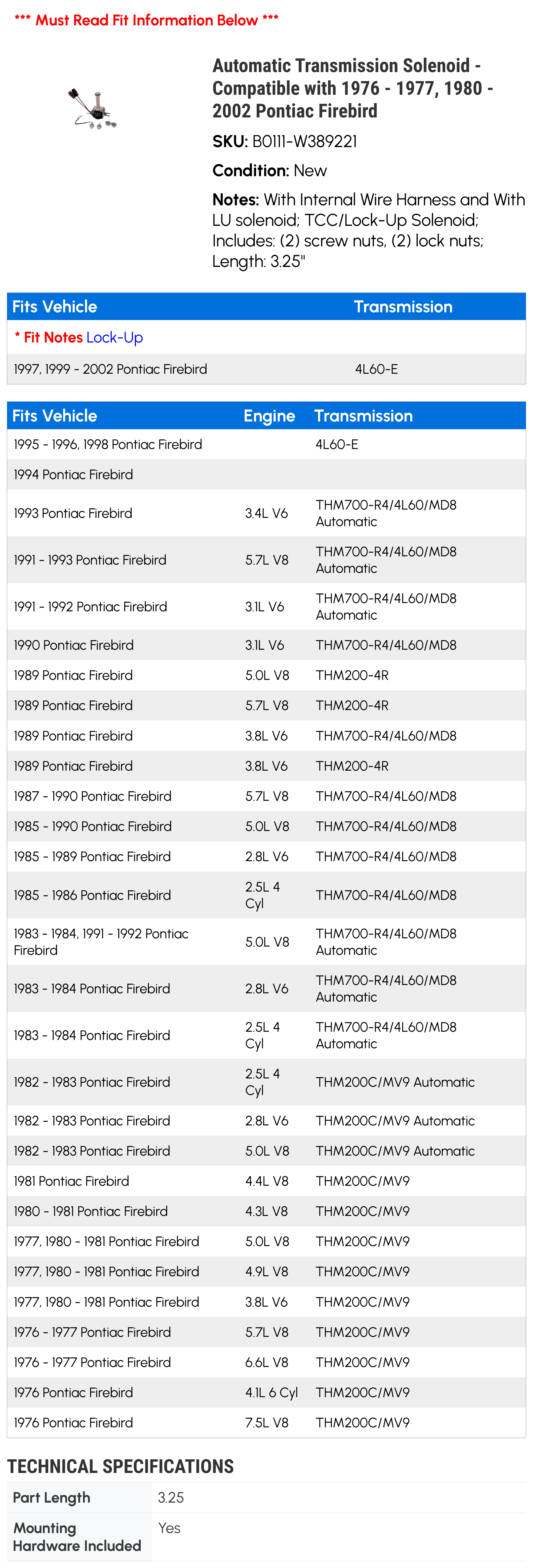 Automatic Transmission Solenoid - Compatible with 1976 - 1977, 1980 - 2002 Pontiac Firebird 1981 1982 1983 1984 1985 1986 1987 1988 1989 1990 1991 1992 1993 1994 1995 1996 1997 1998