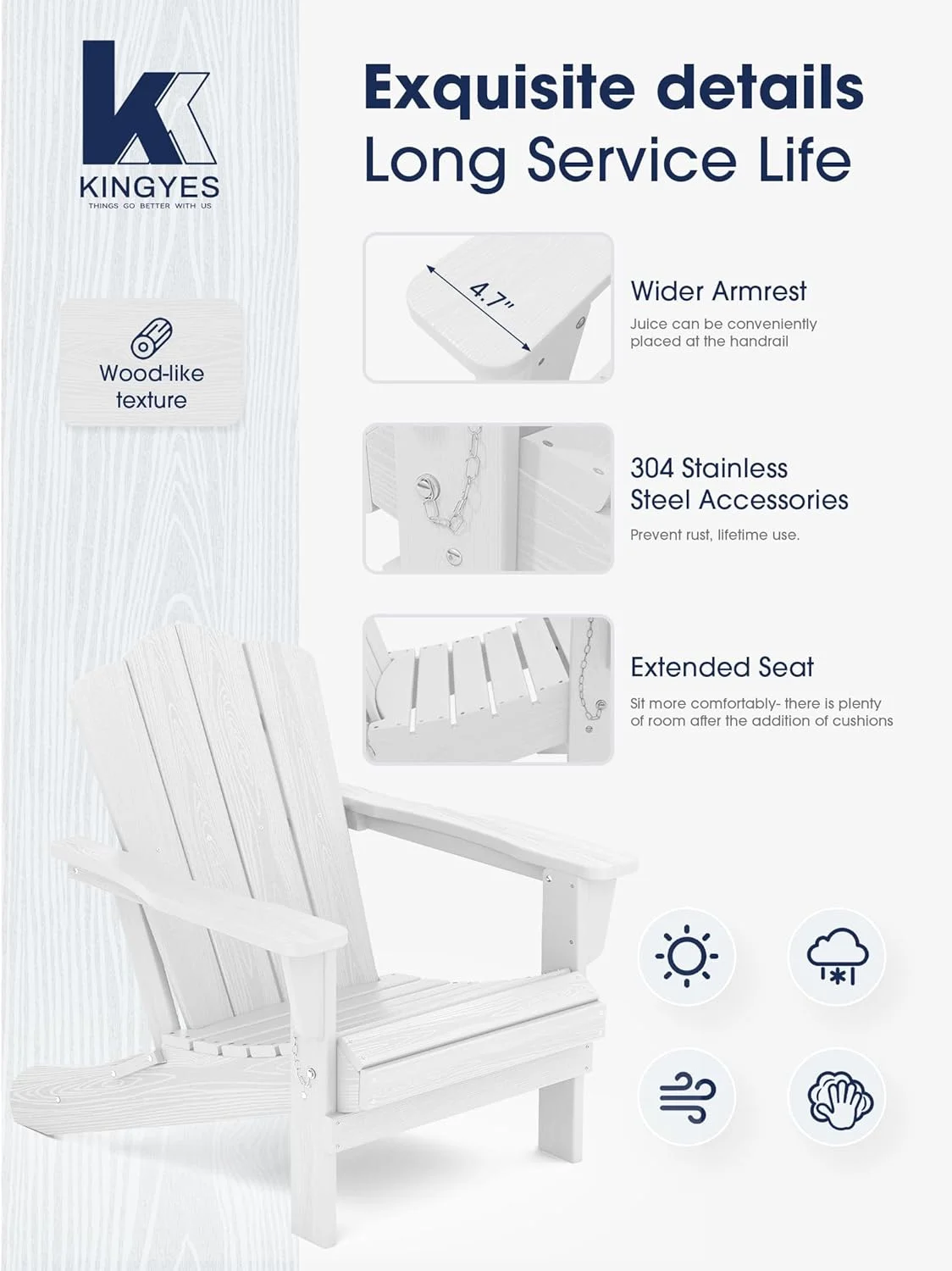 KINGYES Folding Adirondack Chair, HDPE All-Weather Folding Adirondack Chair, White